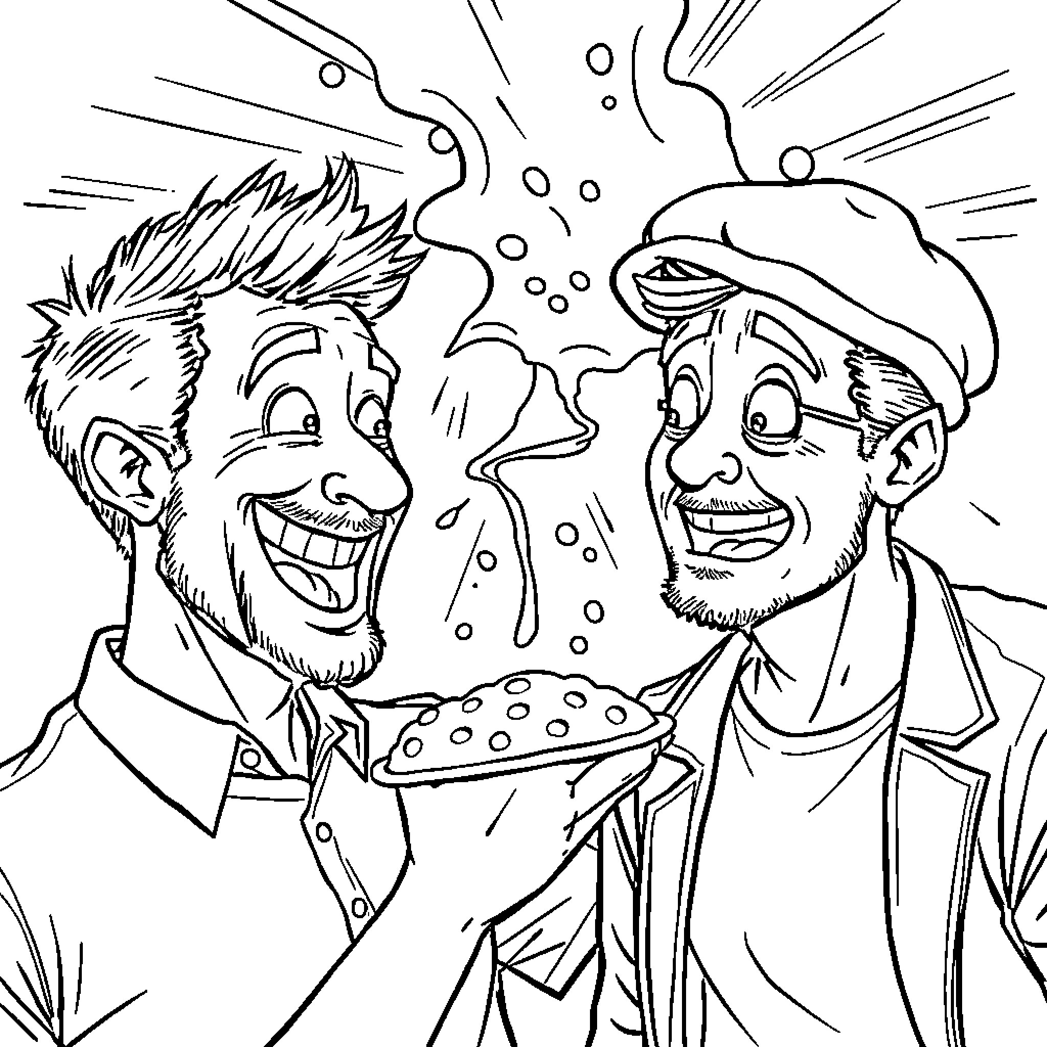 Man Celebrating with Beer and Friend Coloring Page (free black-and-white line drawing printable PDF for all, from beginners to advanced learners, including children, teens, adults, and seniors)