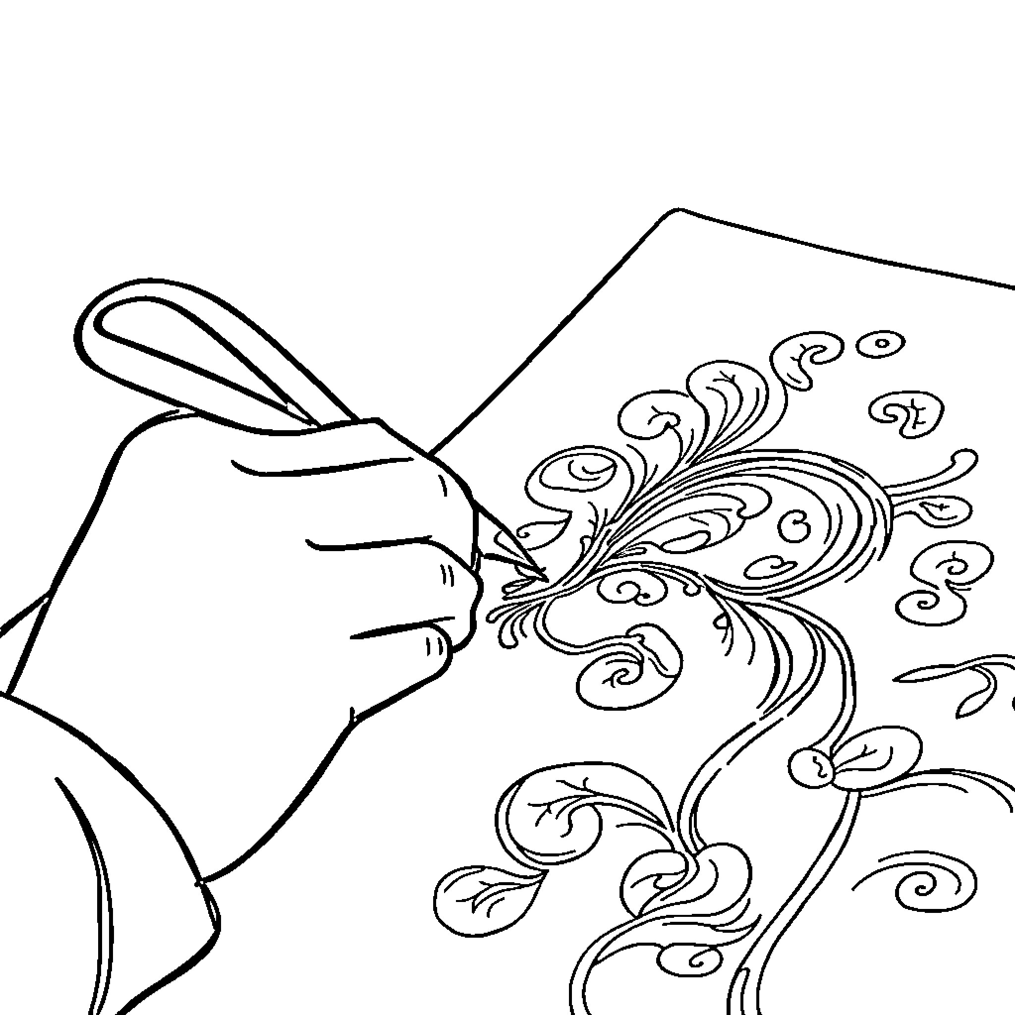 Stitch creating intricate patterns with a needle Coloring Page (free black-and-white line drawing printable PDF for all, from beginners to advanced learners, including children, teens, adults, and seniors)