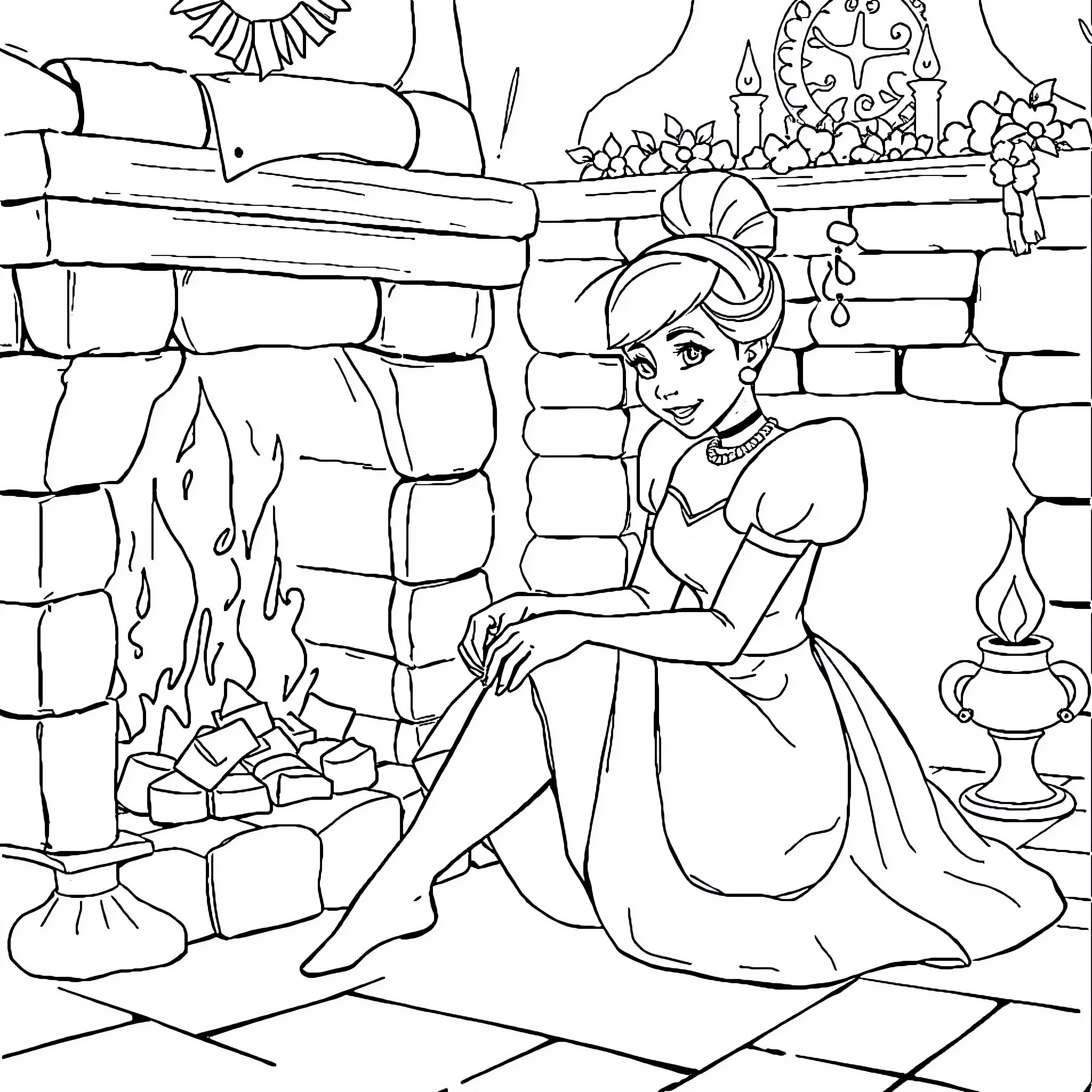 Cinderella sitting by the fireplace Coloring Page (free black-and-white line drawing printable PDF for all, from beginners to advanced learners, including children, teens, adults, and seniors)