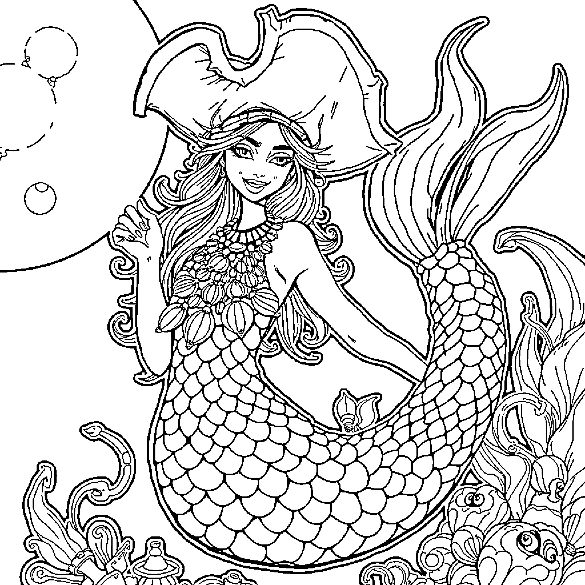 Mermaid in a whimsical underwater scene Coloring Page (free black-and-white line drawing printable PDF for all, from beginners to advanced learners, including children, teens, adults, and seniors)