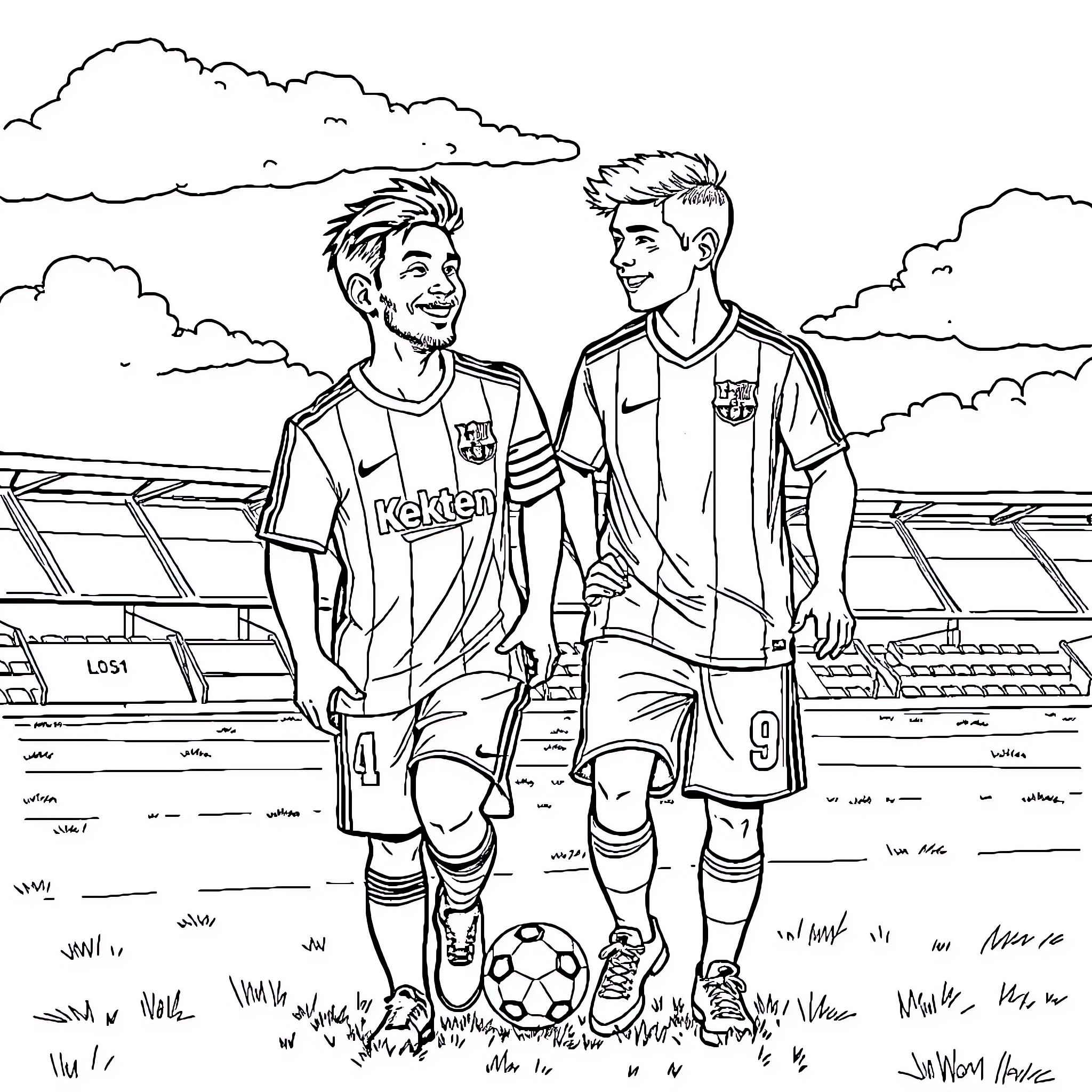 Messi and friend playing soccer on the field Coloring Page (free black-and-white line drawing printable PDF for all, from beginners to advanced learners, including children, teens, adults, and seniors)