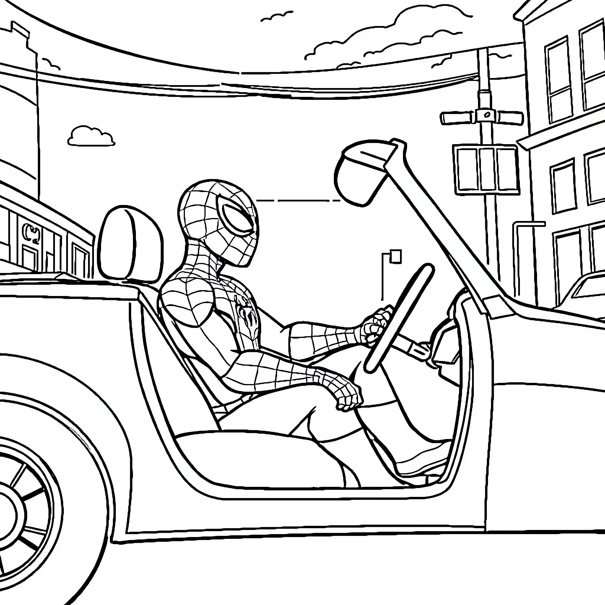 Spider-Man driving a car in the city Coloring Page (free black-and-white line drawing printable PDF for all, from beginners to advanced learners, including children, teens, adults, and seniors)