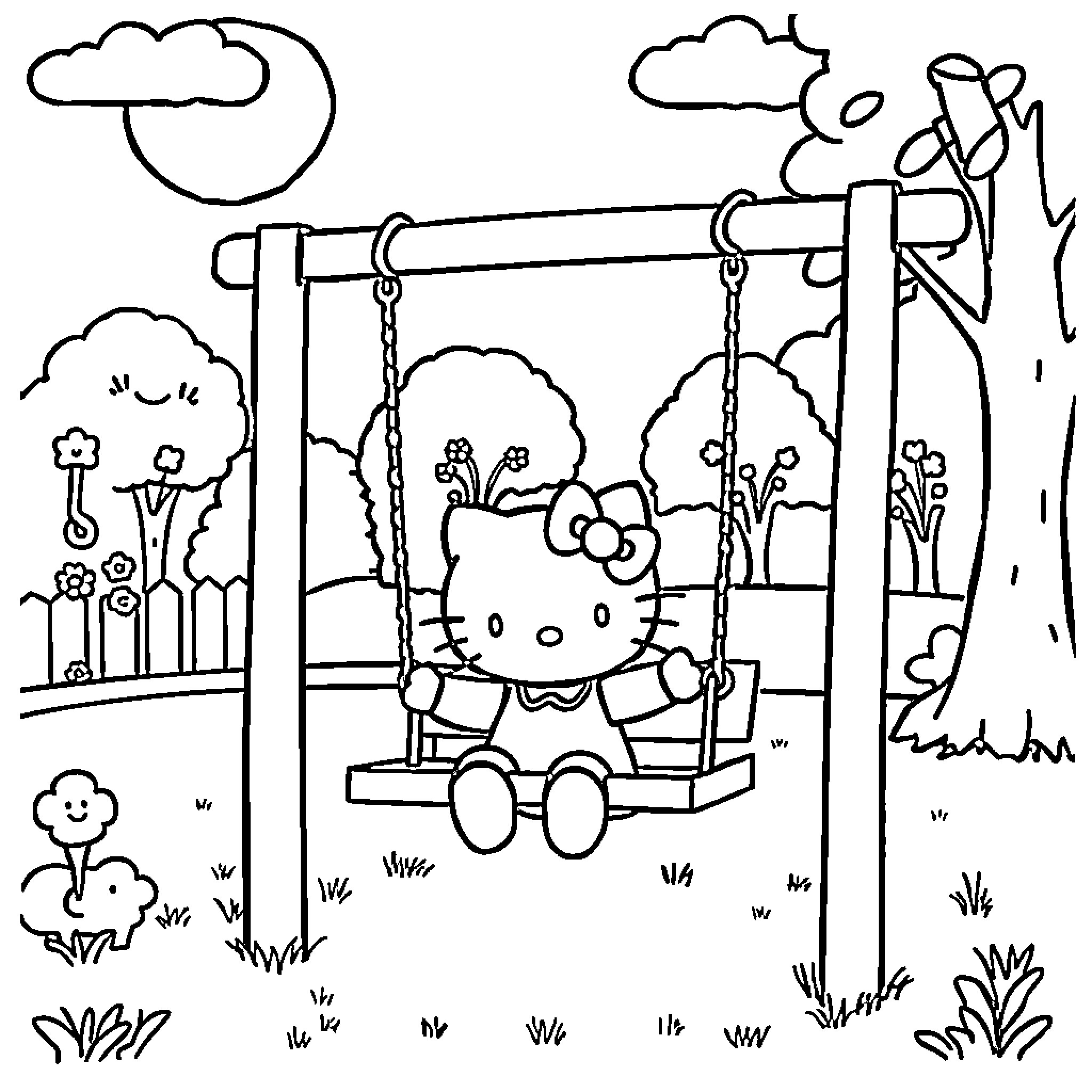 Hello Kitty on a Swing in the Park Coloring Page (free black-and-white line drawing printable PDF for all, from beginners to advanced learners, including children, teens, adults, and seniors)