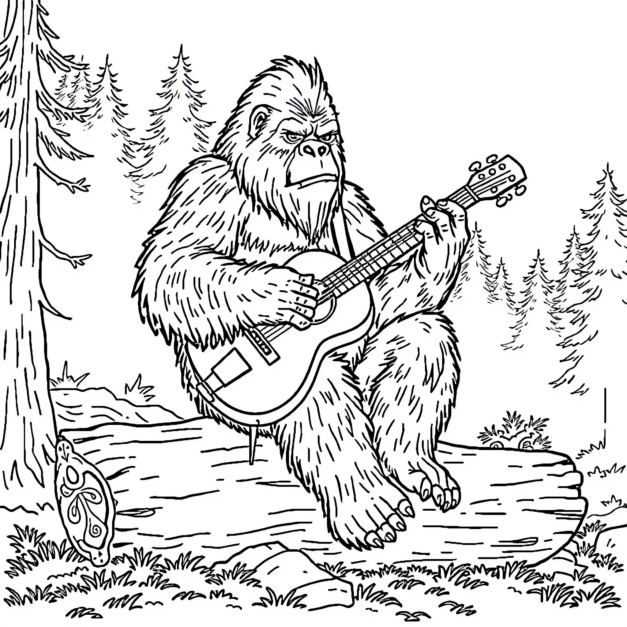 Sasquatch playing guitar in the forest Coloring Page (free black-and-white line drawing printable PDF for all, from beginners to advanced learners, including children, teens, adults, and seniors)