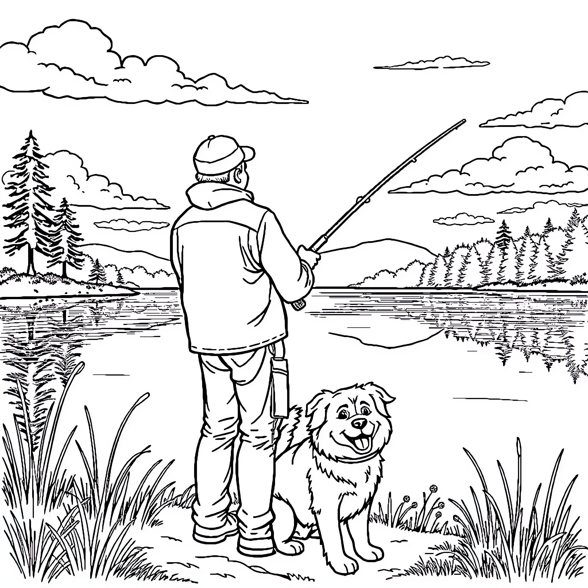 Man fishing with his dog by the lake Coloring Page (free black-and-white line drawing printable PDF for all, from beginners to advanced learners, including children, teens, adults, and seniors)
