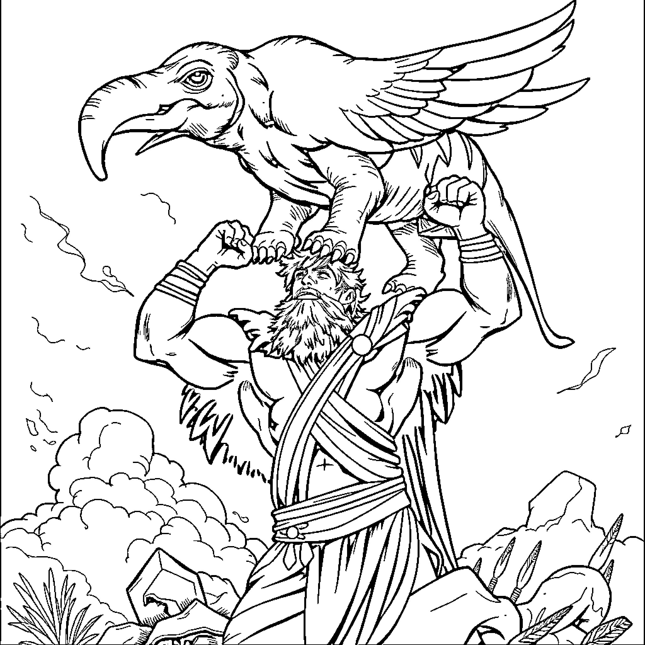 Hercules battling a mythical beast in the clouds Coloring Page (free black-and-white line drawing printable PDF for all, from beginners to advanced learners, including children, teens, adults, and seniors)