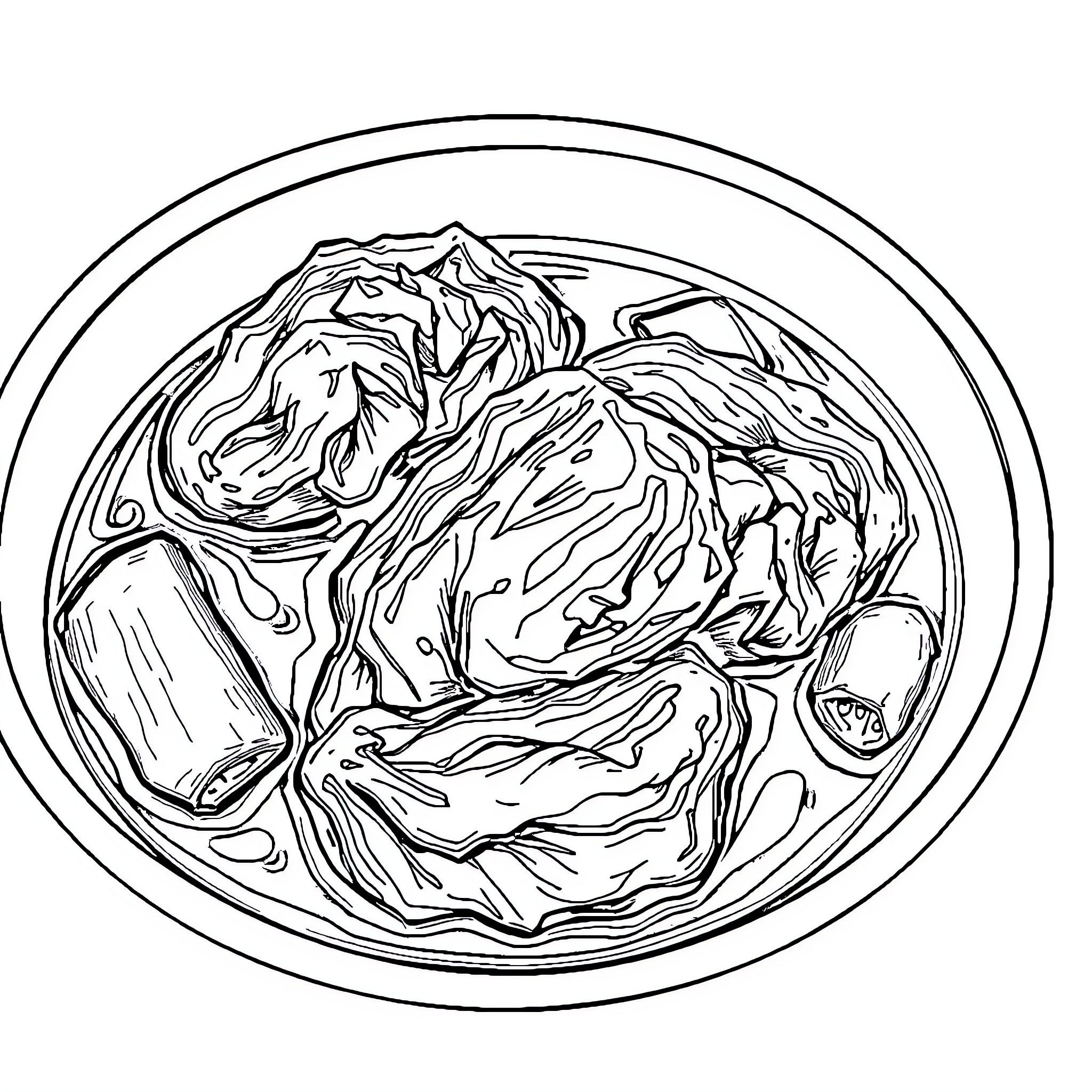 Beef Cheek Dish with Braised Ingredients Coloring Page (free black-and-white line drawing printable PDF for all, from beginners to advanced learners, including children, teens, adults, and seniors)