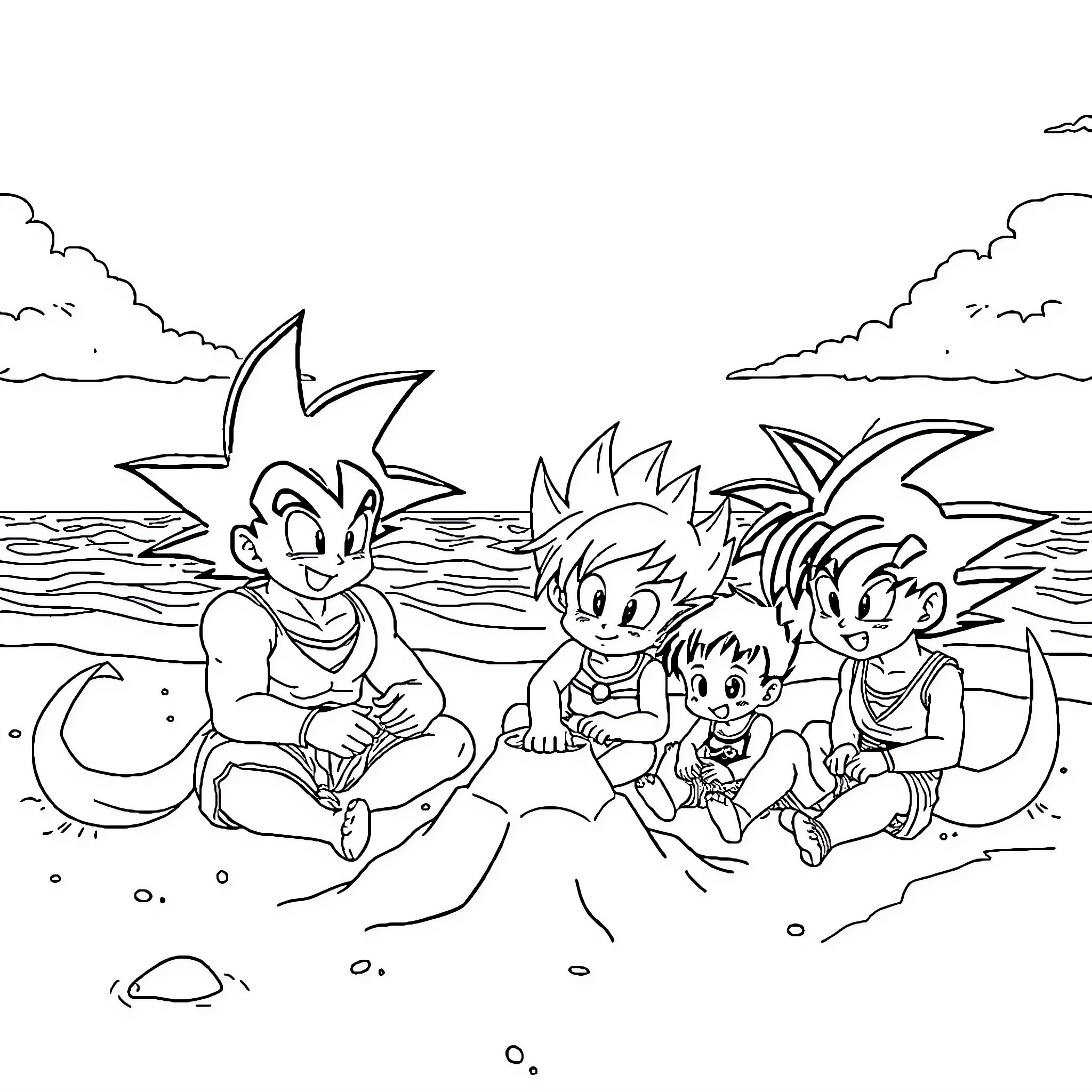 Dragon Ball Characters Relaxing on the Beach Coloring Page (free black-and-white line drawing printable PDF for all, from beginners to advanced learners, including children, teens, adults, and seniors)