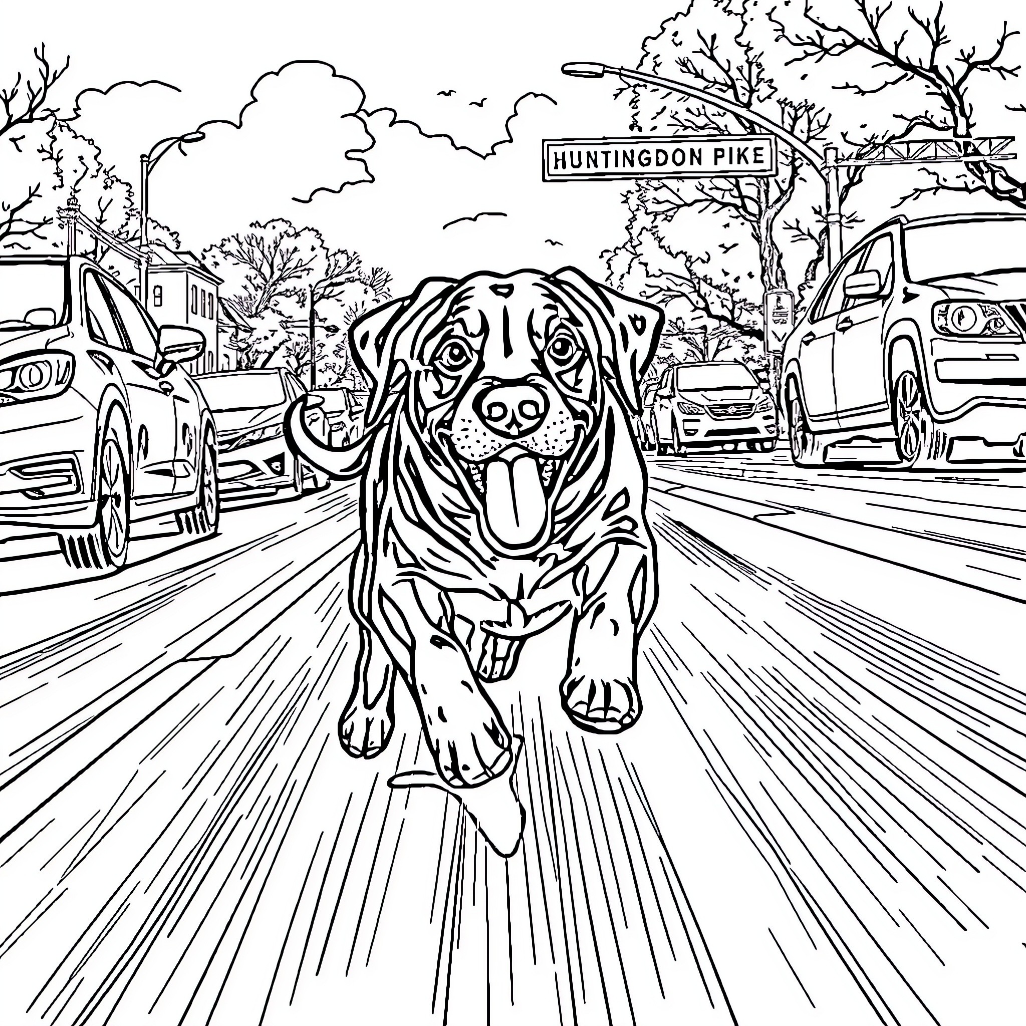 Lab dog running happily on street in town Coloring Page (free black-and-white line drawing printable PDF for all, from beginners to advanced learners, including children, teens, adults, and seniors)