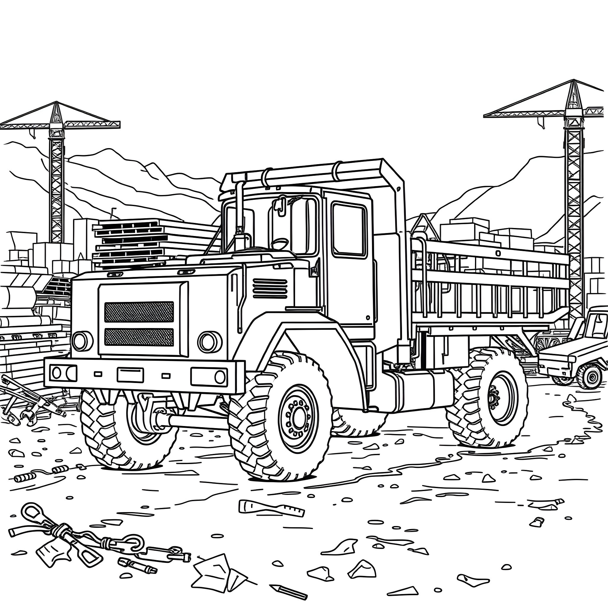 Flatbed truck transporting construction materials on site Coloring Page (free black-and-white line drawing printable PDF for all, from beginners to advanced learners, including children, teens, adults, and seniors)