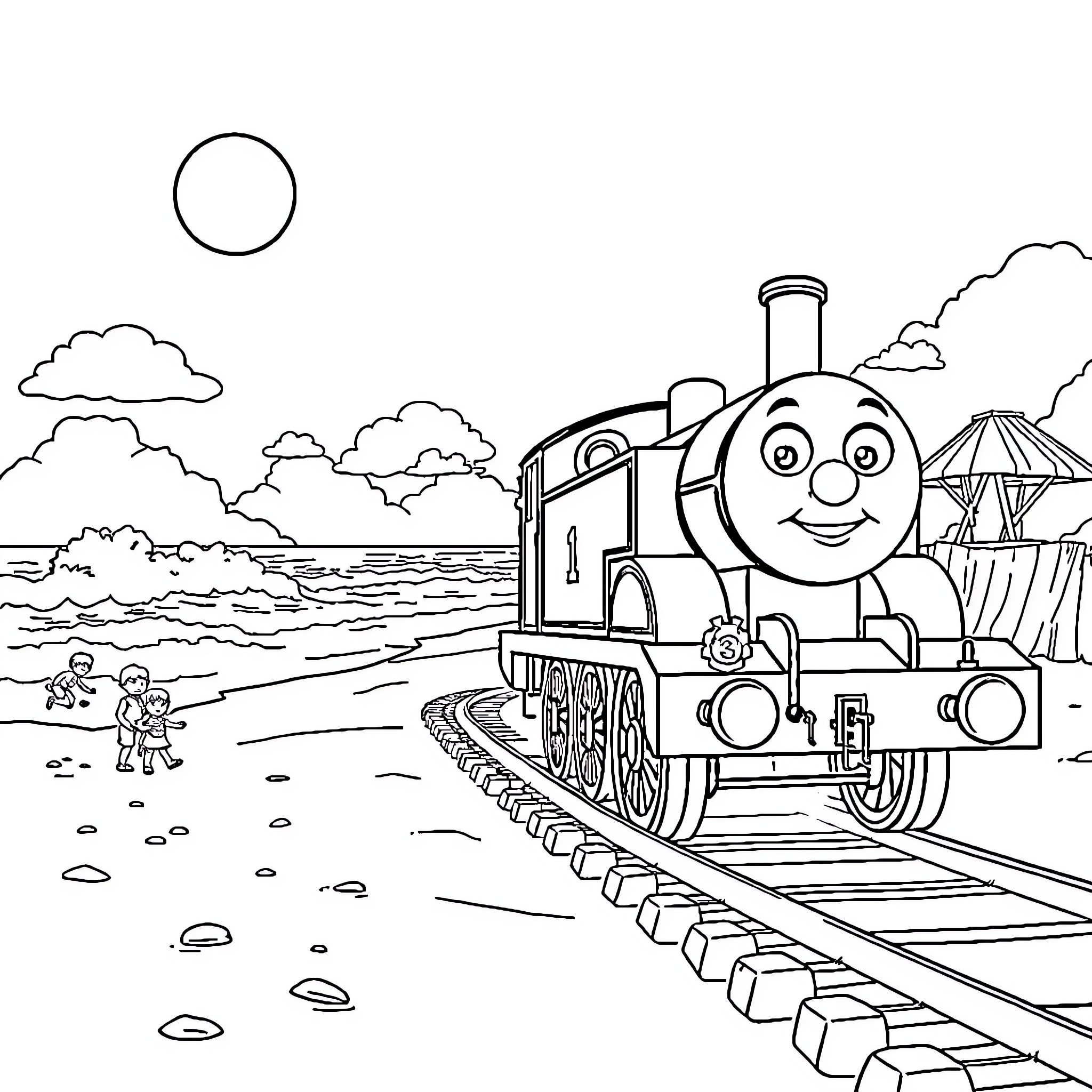 Thomas' Friendly Train Adventure in the Countryside Coloring Page (free black-and-white line drawing printable PDF for all, from beginners to advanced learners, including children, teens, adults, and seniors)
