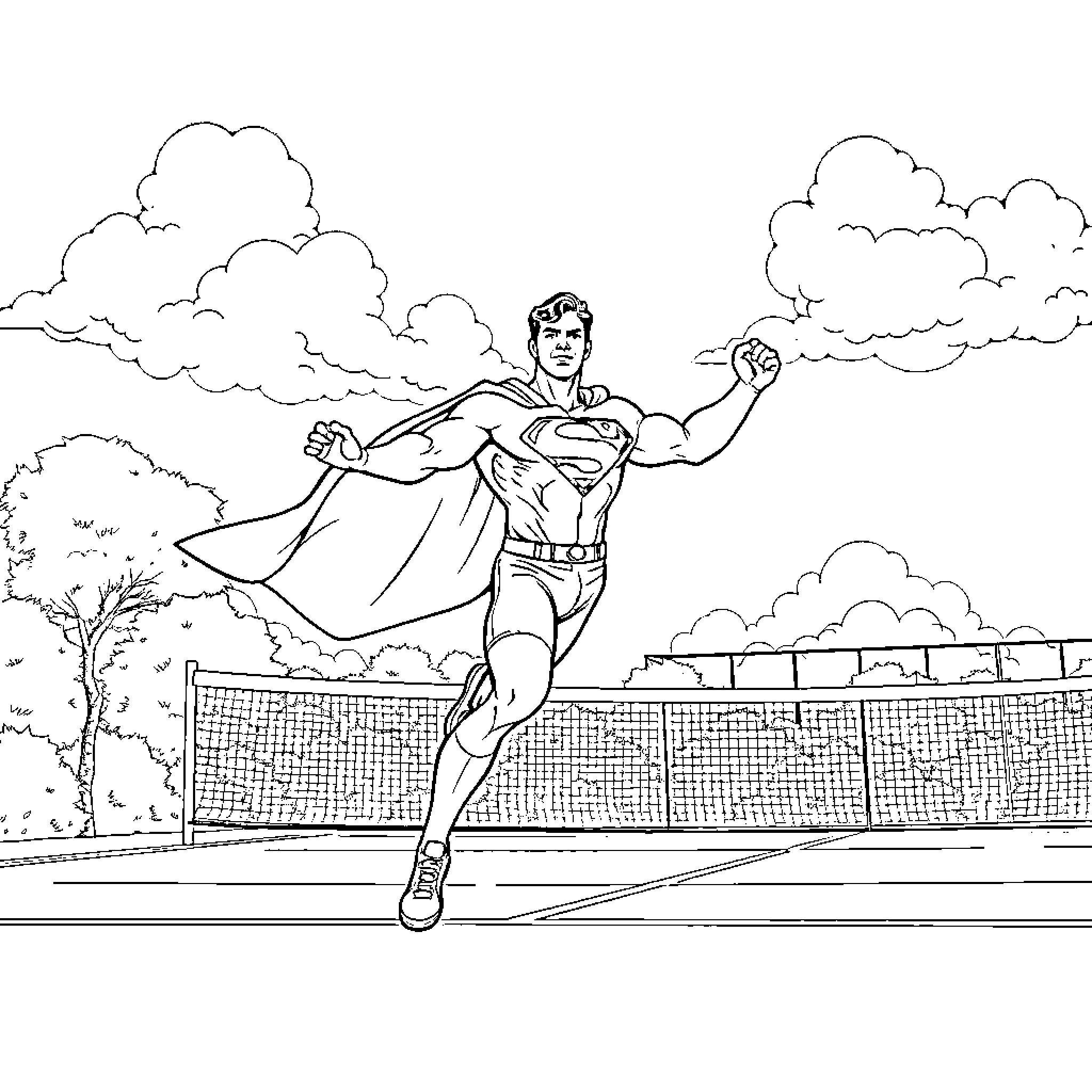 Superman soaring with might over the city Coloring Page (free black-and-white line drawing printable PDF for all, from beginners to advanced learners, including children, teens, adults, and seniors)
