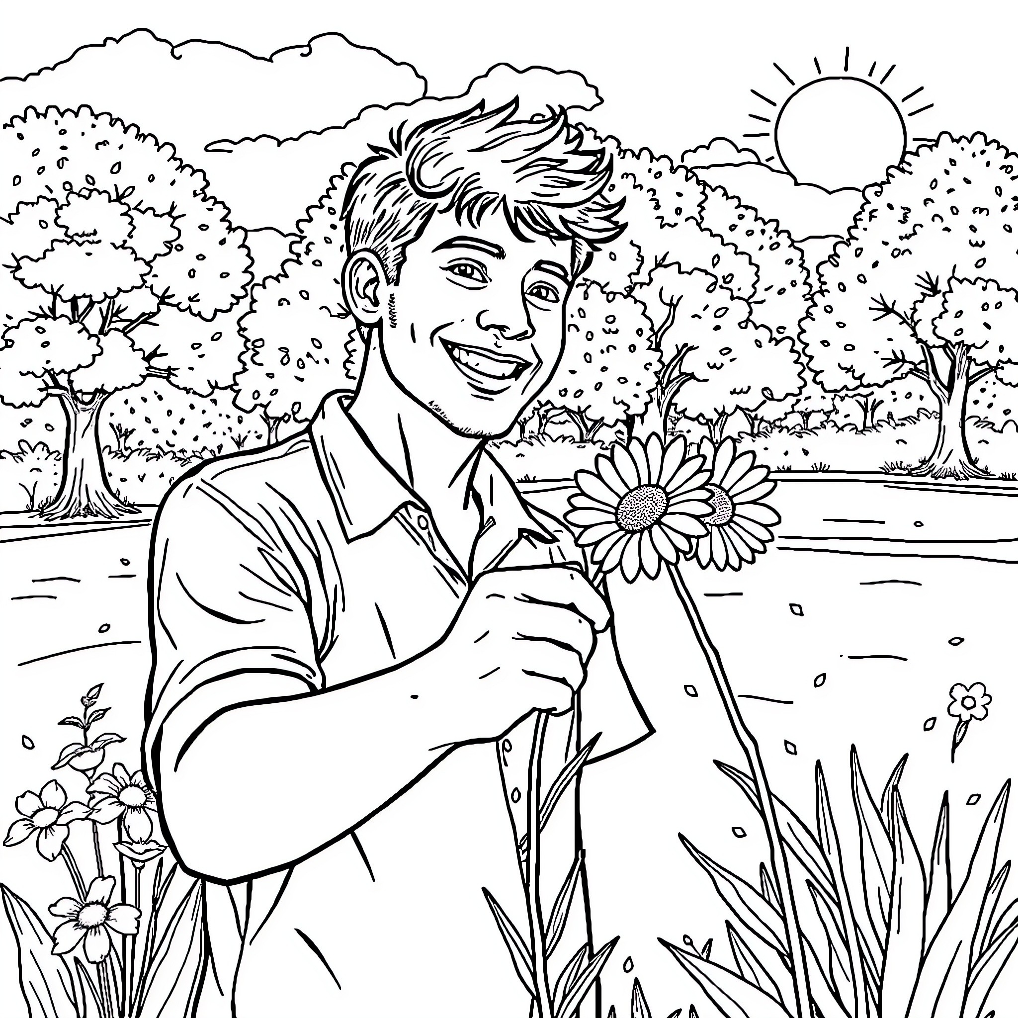 Man holding flowers in an outdoor garden scene Coloring Page (free black-and-white line drawing printable PDF for all, from beginners to advanced learners, including children, teens, adults, and seniors)