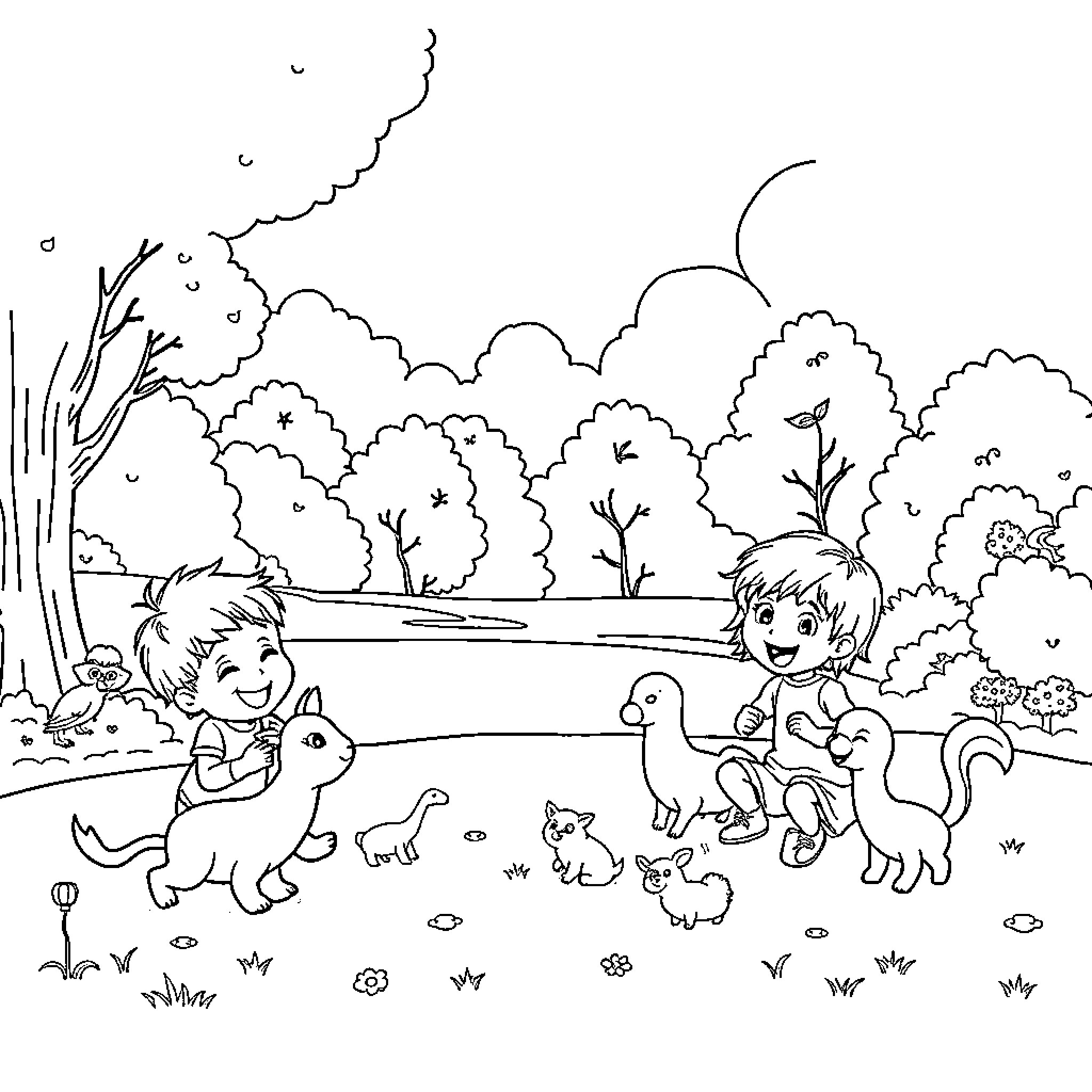 Kid playing with pets in nature scenery Coloring Page (free black-and-white line drawing printable PDF for all, from beginners to advanced learners, including children, teens, adults, and seniors)