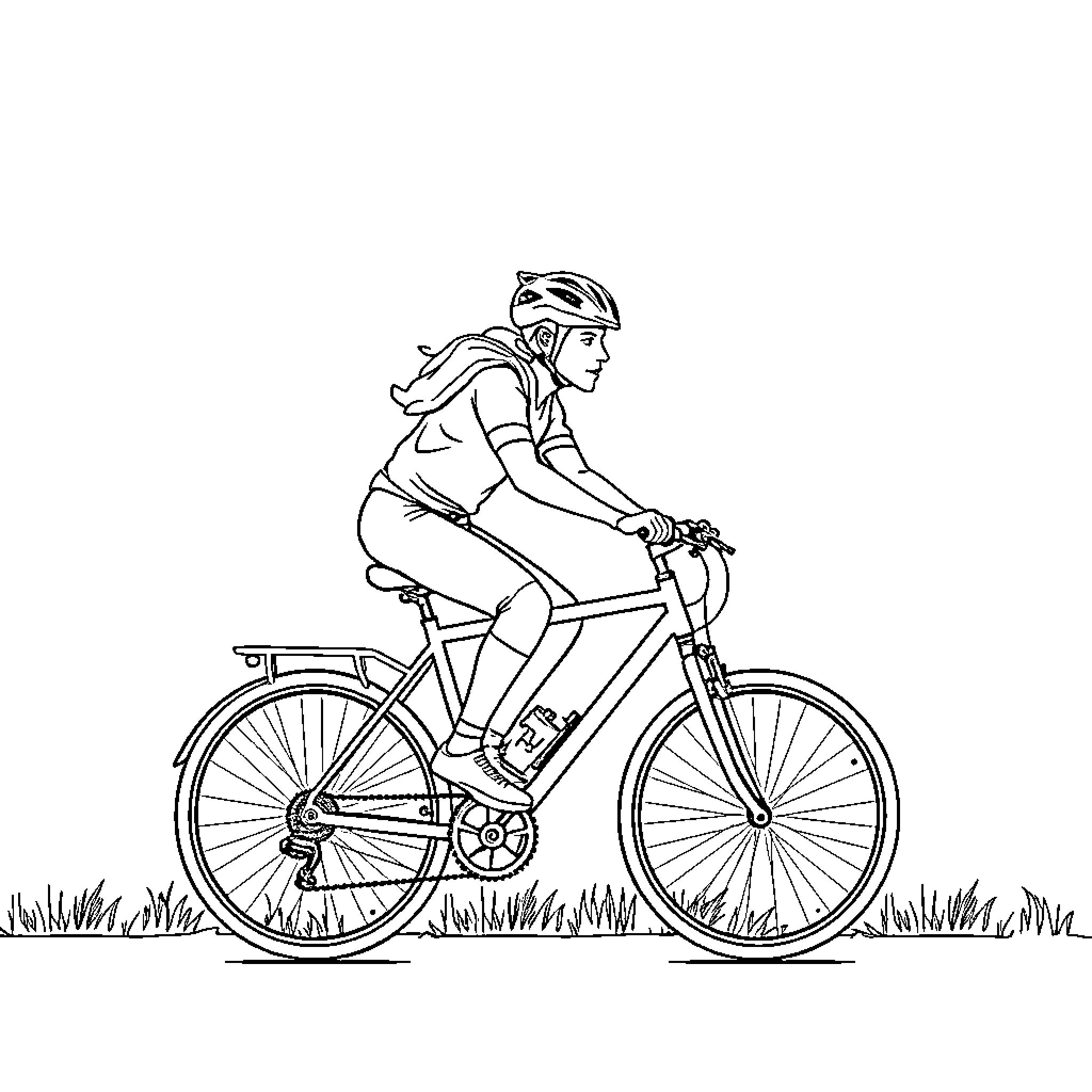Unicorn cycling across grassy field Coloring Page (free black-and-white line drawing printable PDF for all, from beginners to advanced learners, including children, teens, adults, and seniors)