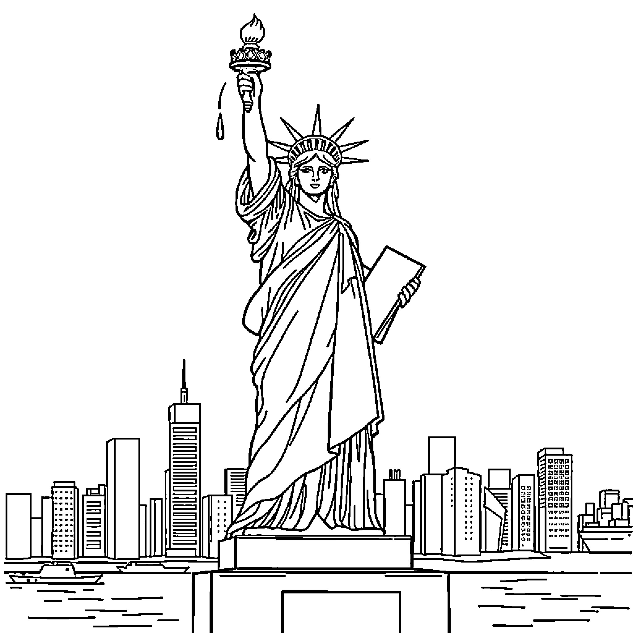 Statue Of Liberty holding torch in cityscape Coloring Page (free black-and-white line drawing printable PDF for all, from beginners to advanced learners, including children, teens, adults, and seniors)
