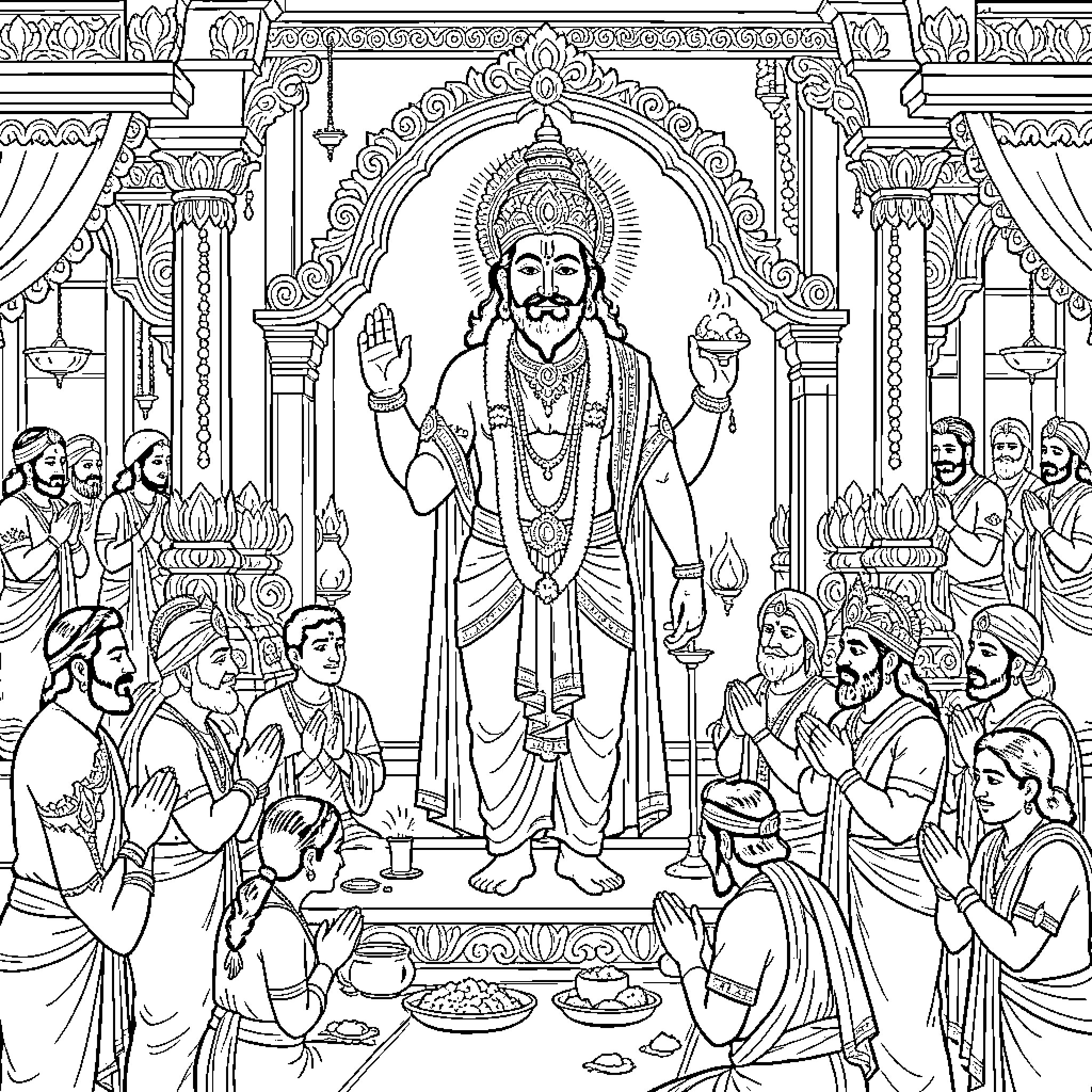 Venkataswara standing majestically while being worshipped by devotees Coloring Page (free black-and-white line drawing printable PDF for all, from beginners to advanced learners, including children, teens, adults, and seniors)