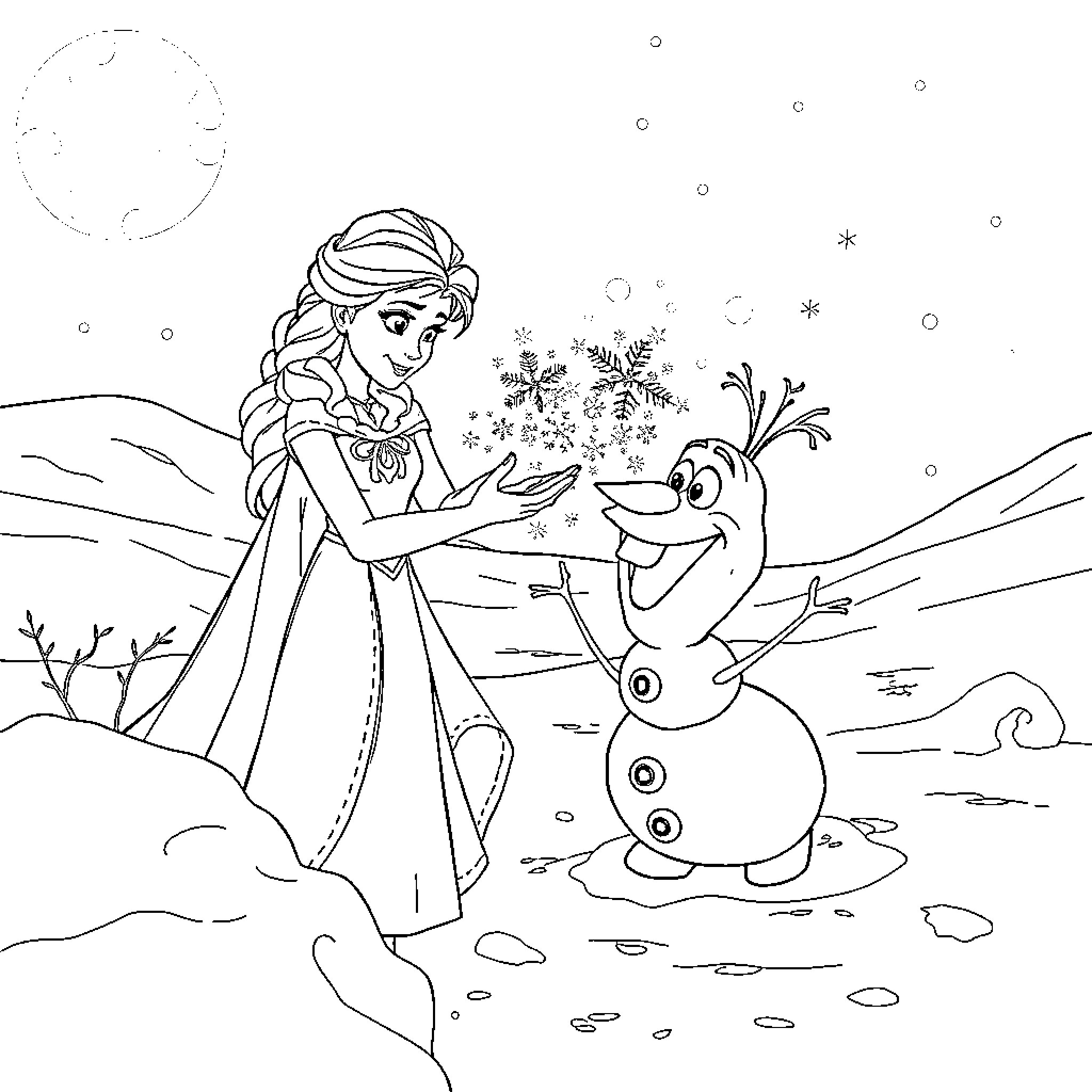 Elsa playing with Olaf in the winter wonderland Coloring Page (free black-and-white line drawing printable PDF for all, from beginners to advanced learners, including children, teens, adults, and seniors)