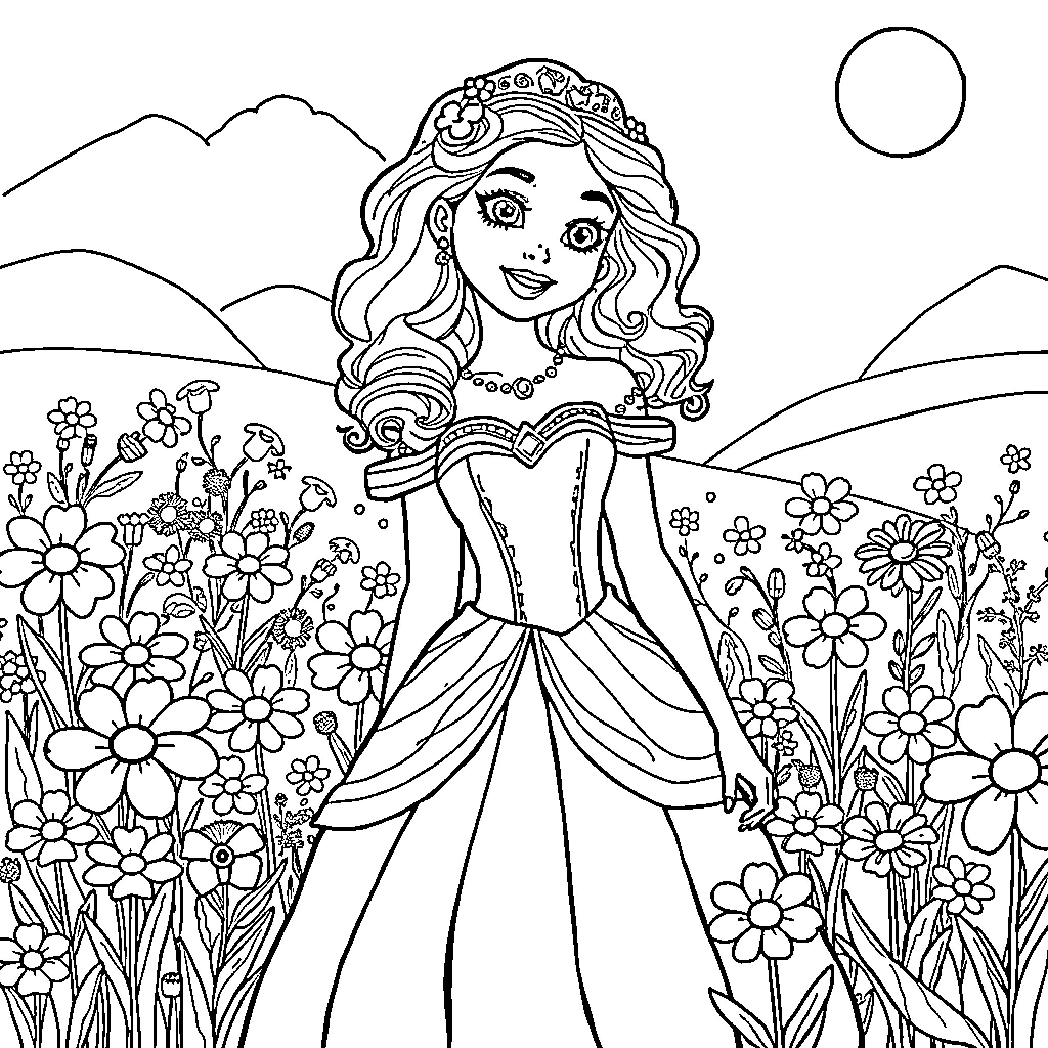 Princess in Enchanted Garden Coloring Page (free black-and-white line drawing printable PDF for all, from beginners to advanced learners, including children, teens, adults, and seniors)
