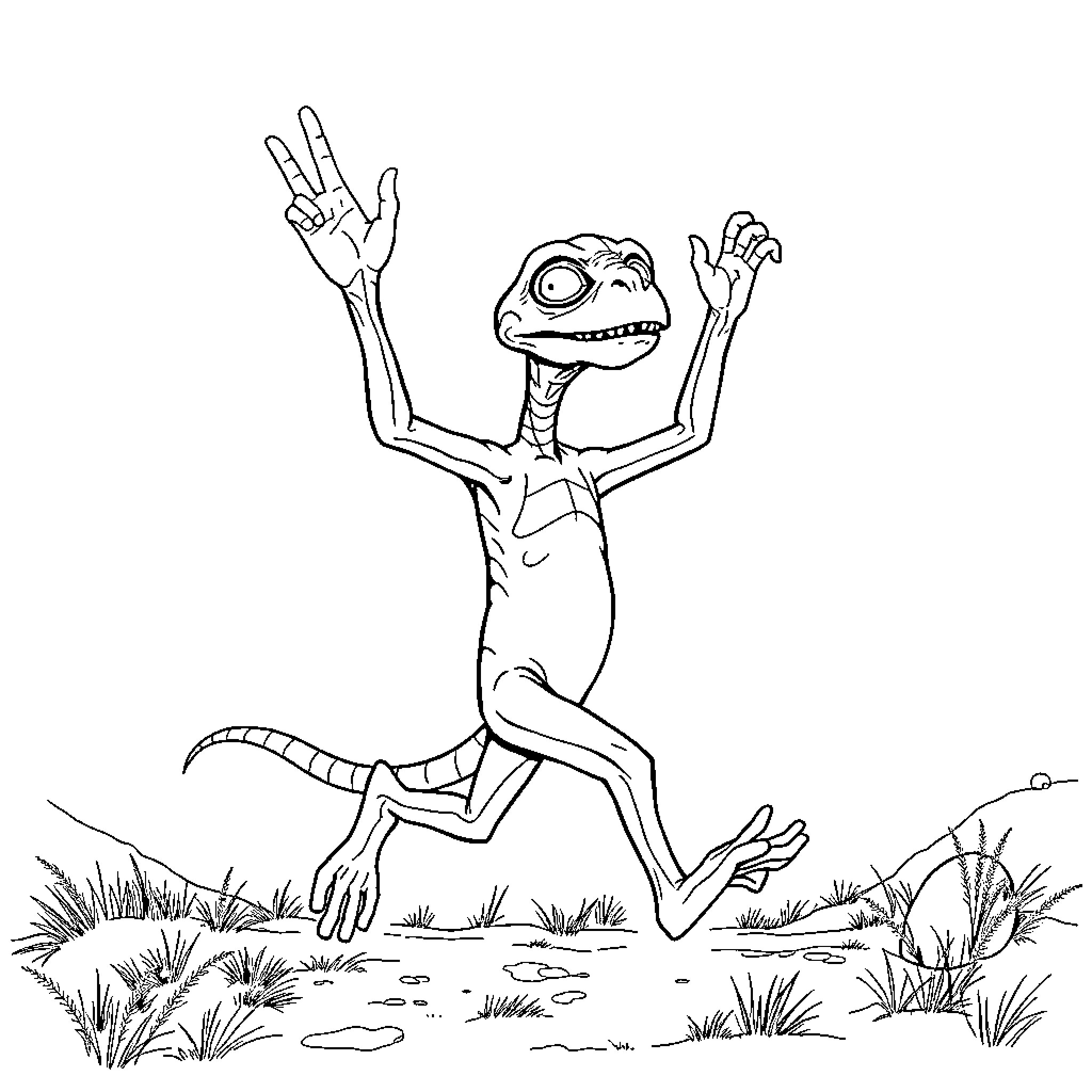 E.T. Alien Creature Joyfully Jumping in Nature Coloring Page (free black-and-white line drawing printable PDF for all, from beginners to advanced learners, including children, teens, adults, and seniors)