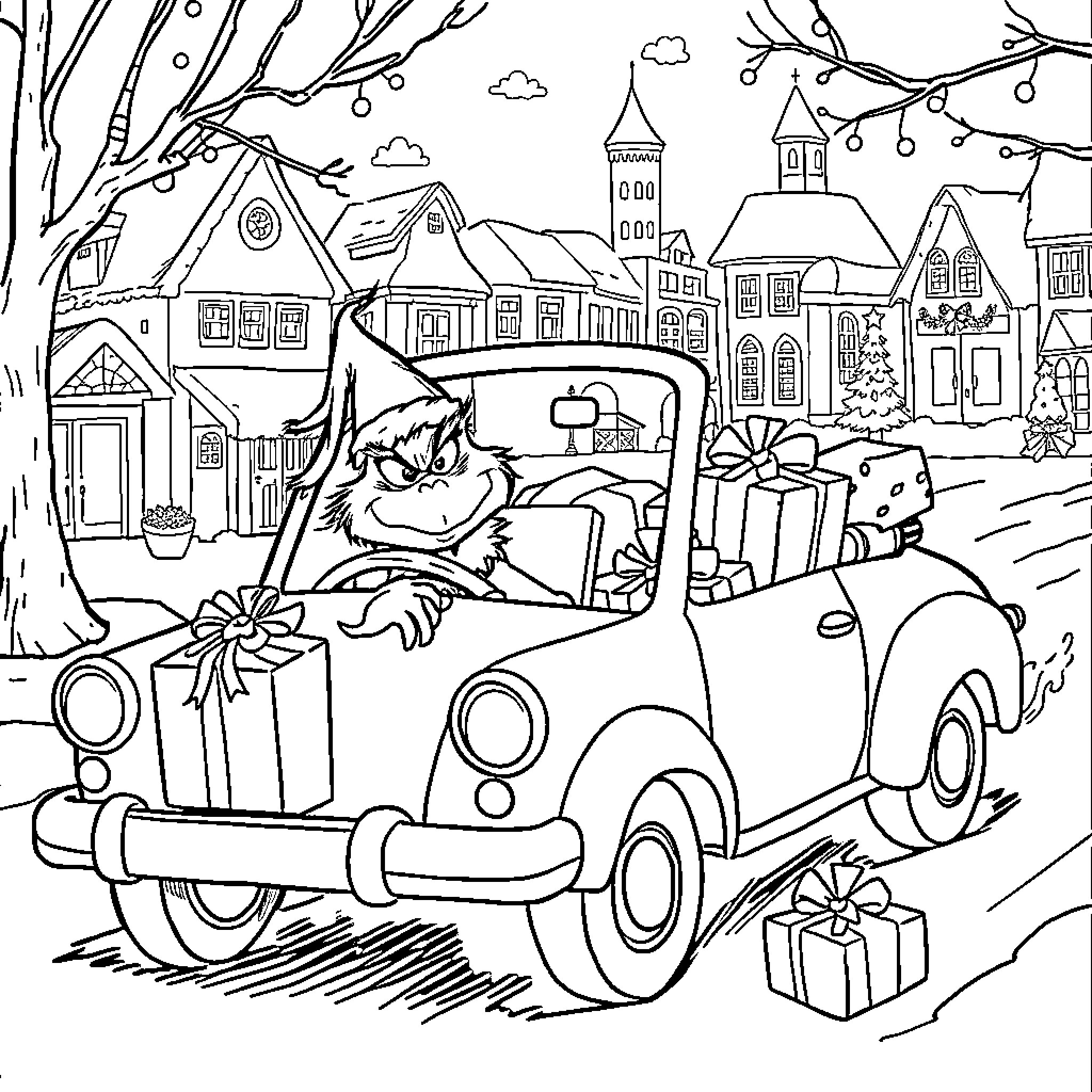 Grinch's Merry Christmas Ride Through Town Coloring Page (free black-and-white line drawing printable PDF for all, from beginners to advanced learners, including children, teens, adults, and seniors)