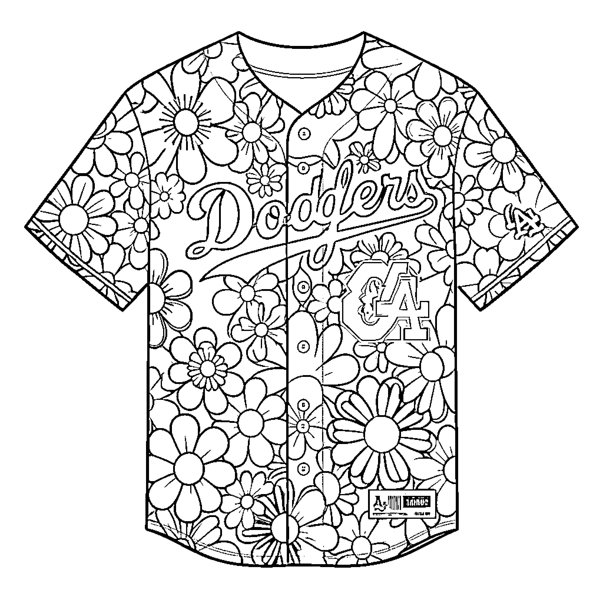 Jersey with floral patterns and team logo Coloring Page (free black-and-white line drawing printable PDF for all, from beginners to advanced learners, including children, teens, adults, and seniors)