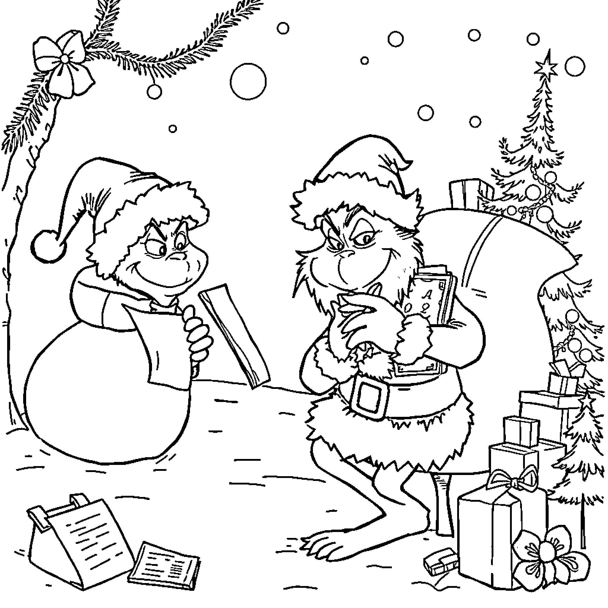 Grinch and friends celebrate the holidays Coloring Page (free black-and-white line drawing printable PDF for all, from beginners to advanced learners, including children, teens, adults, and seniors)