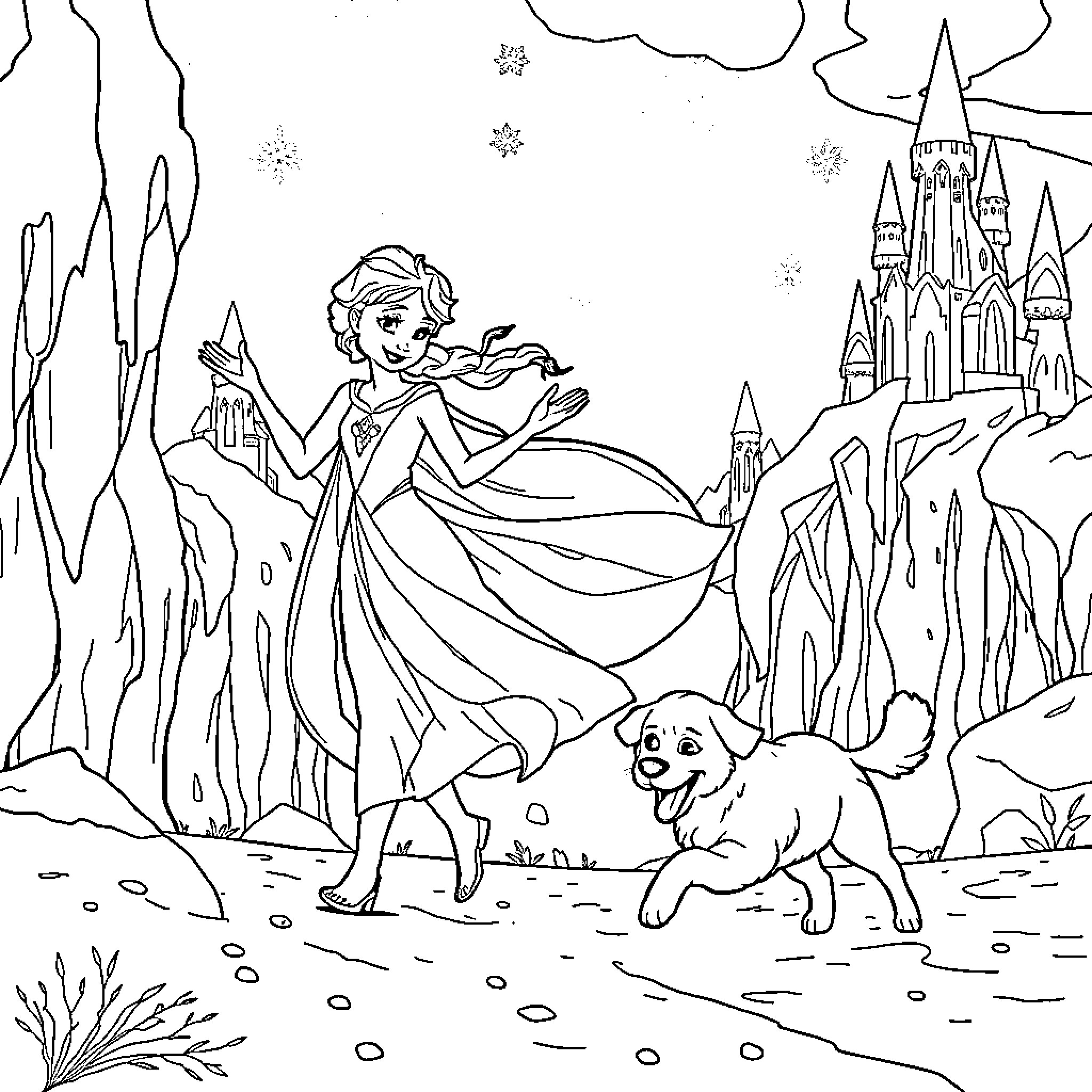 Elsa's Frosty Adventure with Puppy Companion Coloring Page (free black-and-white line drawing printable PDF for all, from beginners to advanced learners, including children, teens, adults, and seniors)
