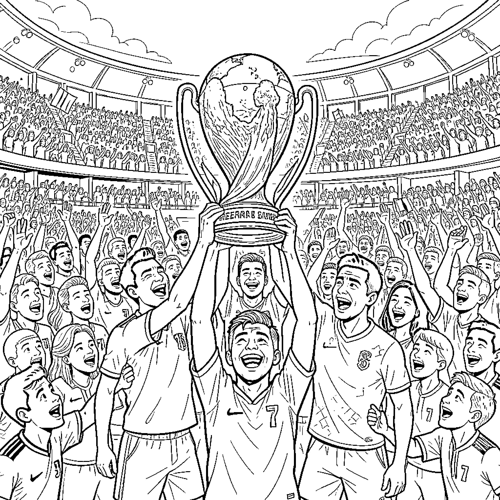 France Team celebrating joyfully while lifting a trophy Coloring Page (free black-and-white line drawing printable PDF for all, from beginners to advanced learners, including children, teens, adults, and seniors)