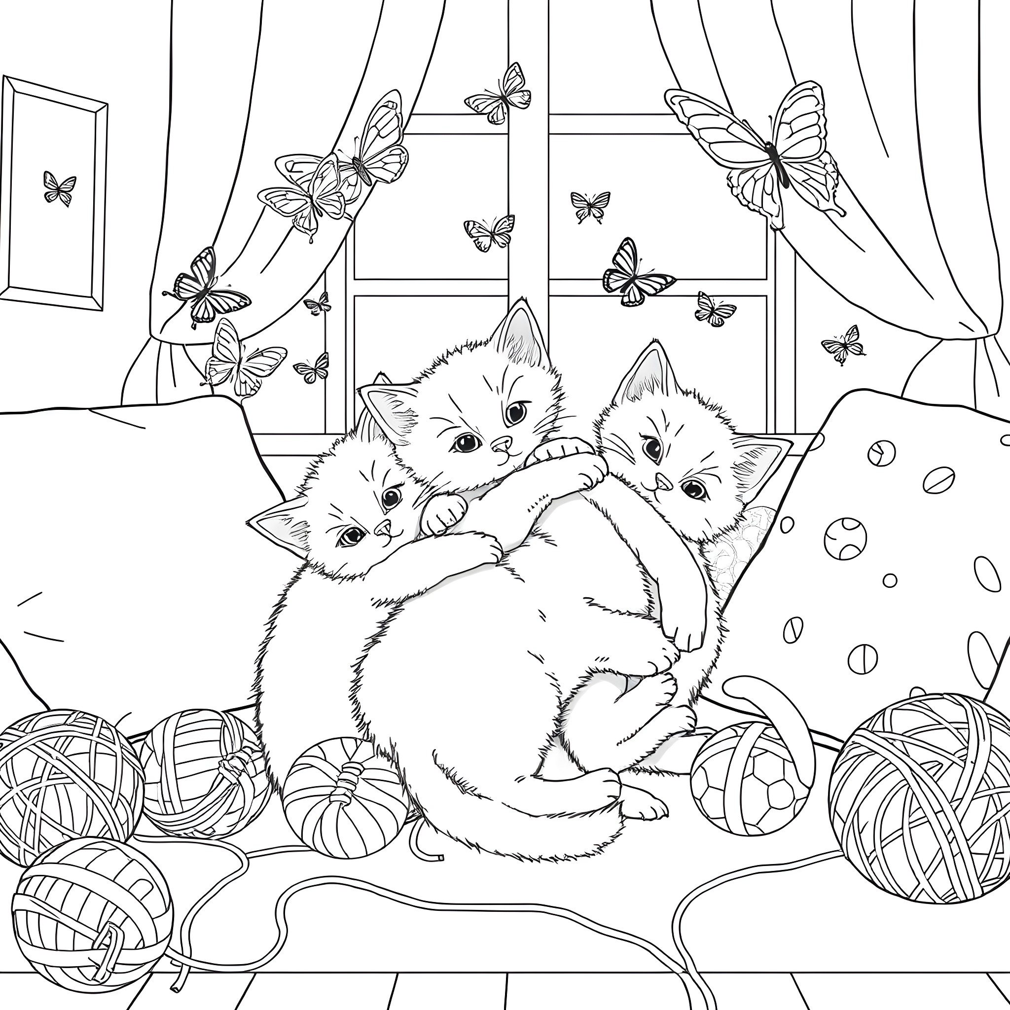 Kittens playing with butterflies in a cozy room Coloring Page (free black-and-white line drawing printable PDF for all, from beginners to advanced learners, including children, teens, adults, and seniors)