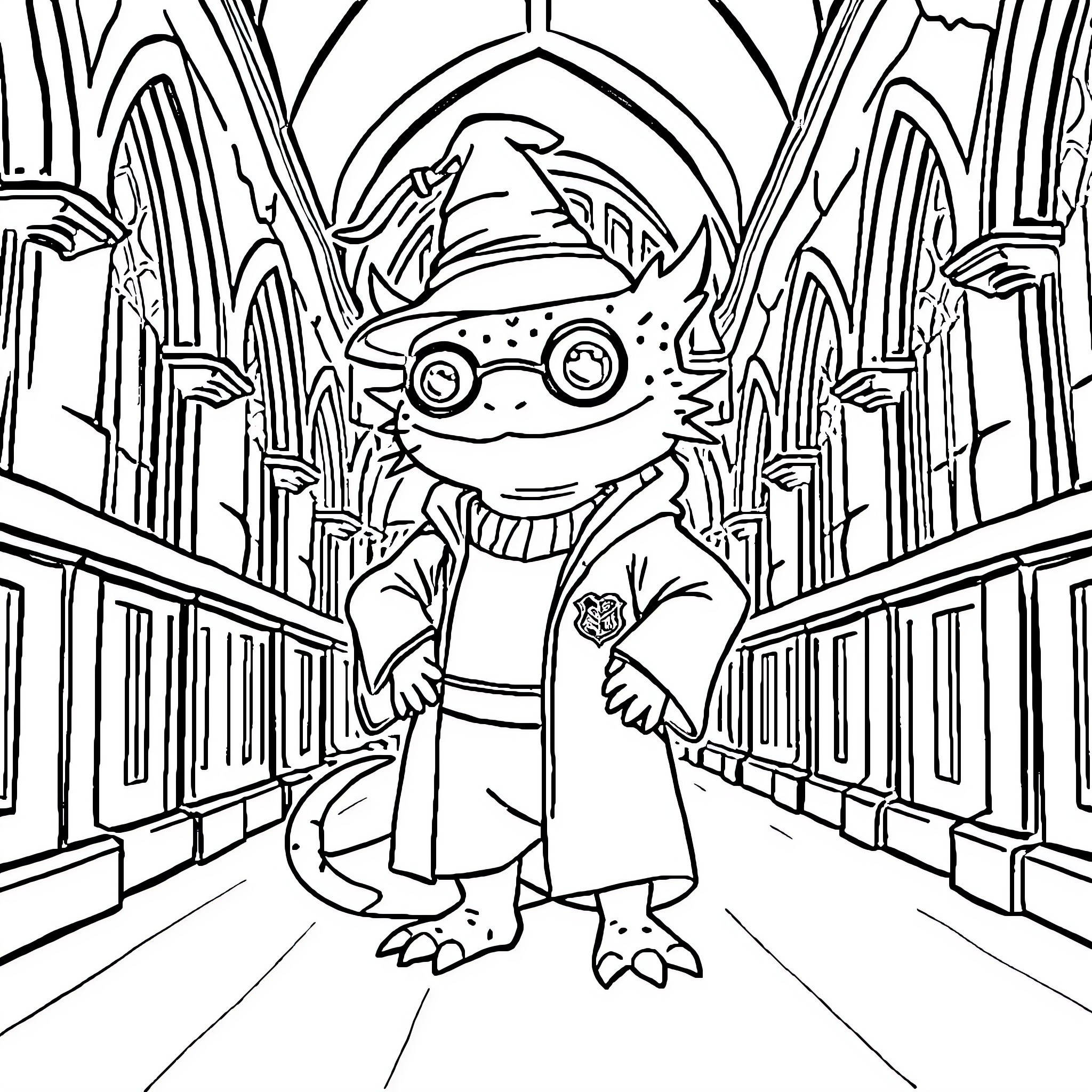 Axolotl wizard exploring a magical castle Coloring Page (free black-and-white line drawing printable PDF for all, from beginners to advanced learners, including children, teens, adults, and seniors)