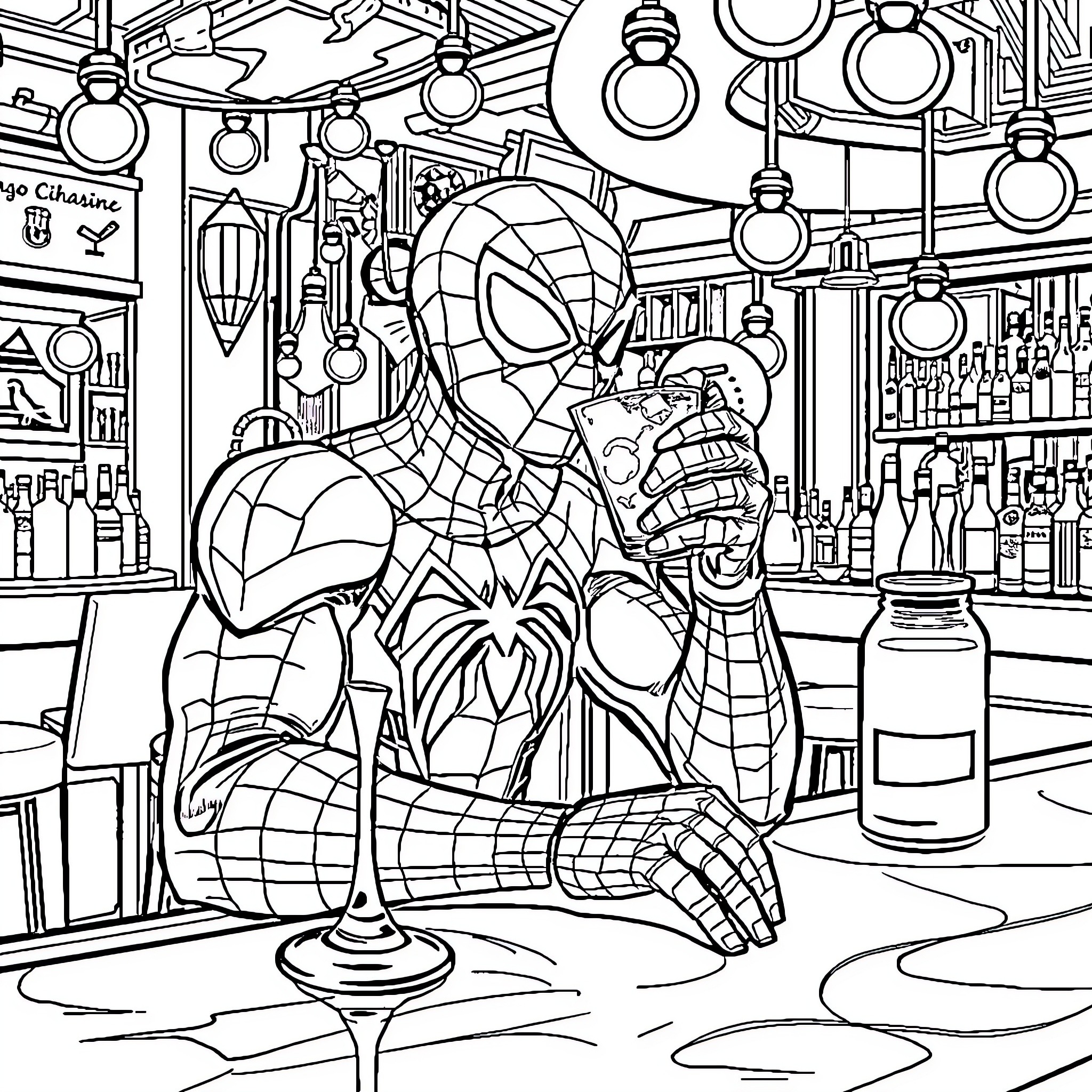 Spiderman enjoying a drink at the local bar Coloring Page (free black-and-white line drawing printable PDF for all, from beginners to advanced learners, including children, teens, adults, and seniors)