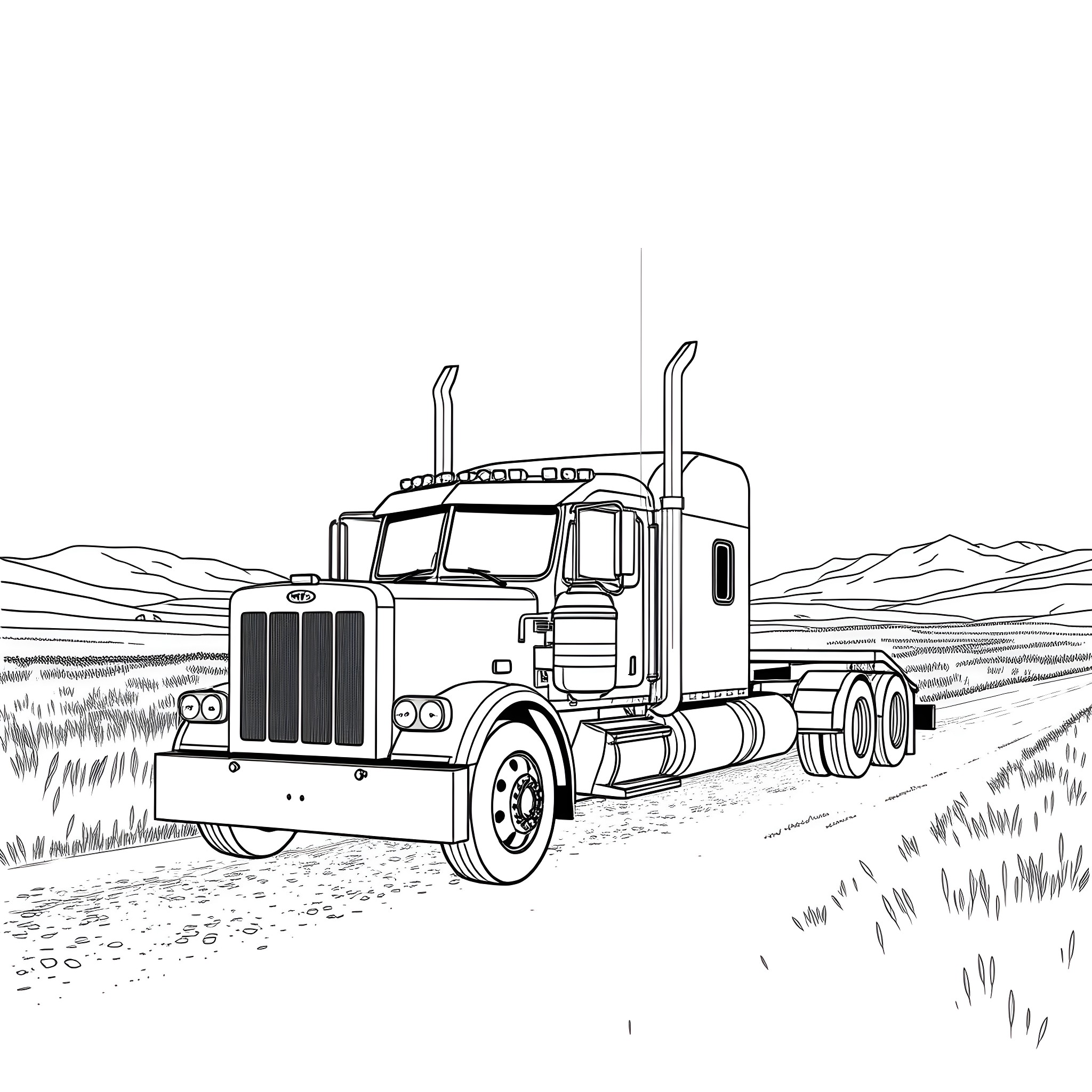 Gooseneck Trailer Crossing the Wilderness Coloring Page (free black-and-white line drawing printable PDF for all, from beginners to advanced learners, including children, teens, adults, and seniors)