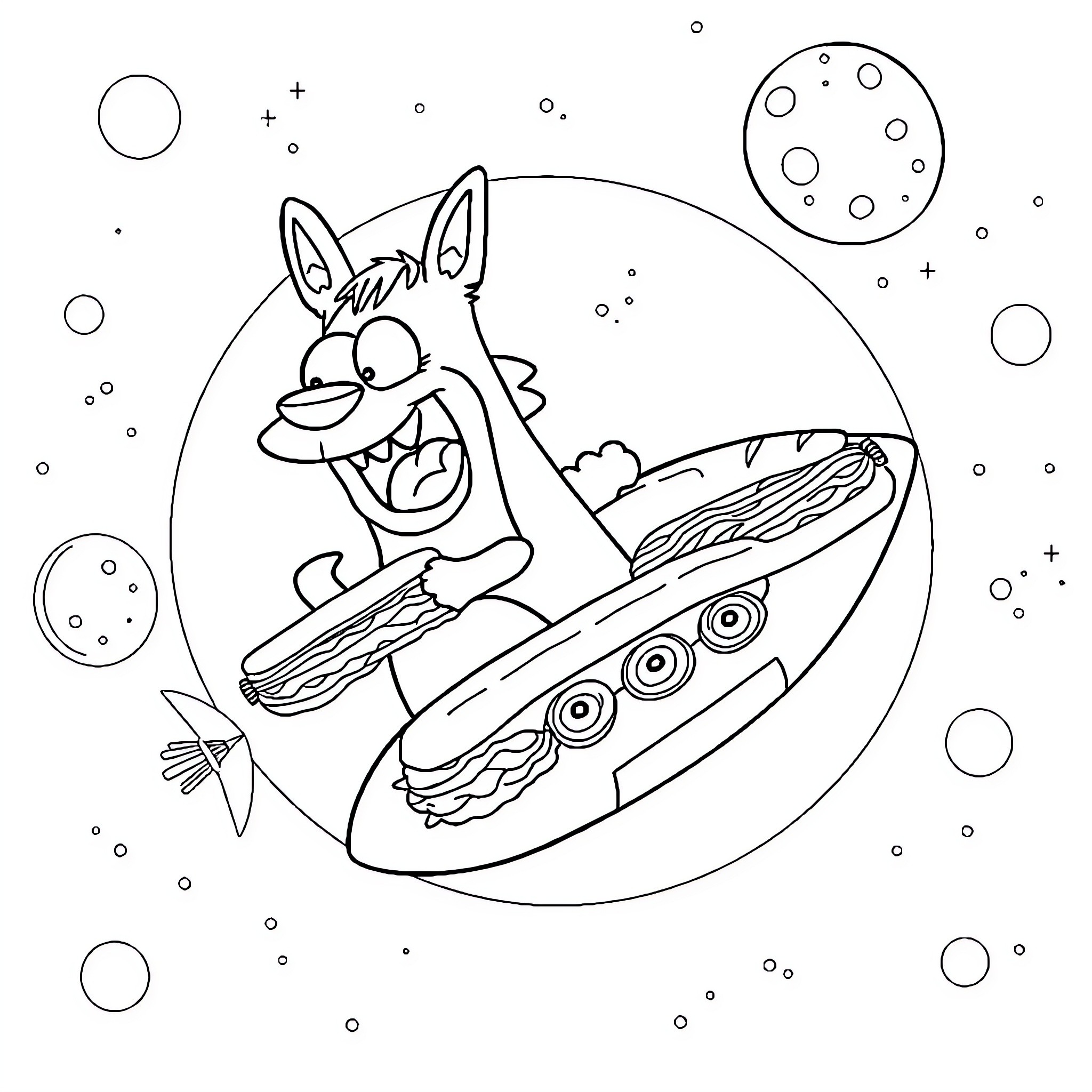 Mordecai's Cosmic Adventure Coloring Page (free black-and-white line drawing printable PDF for all, from beginners to advanced learners, including children, teens, adults, and seniors)