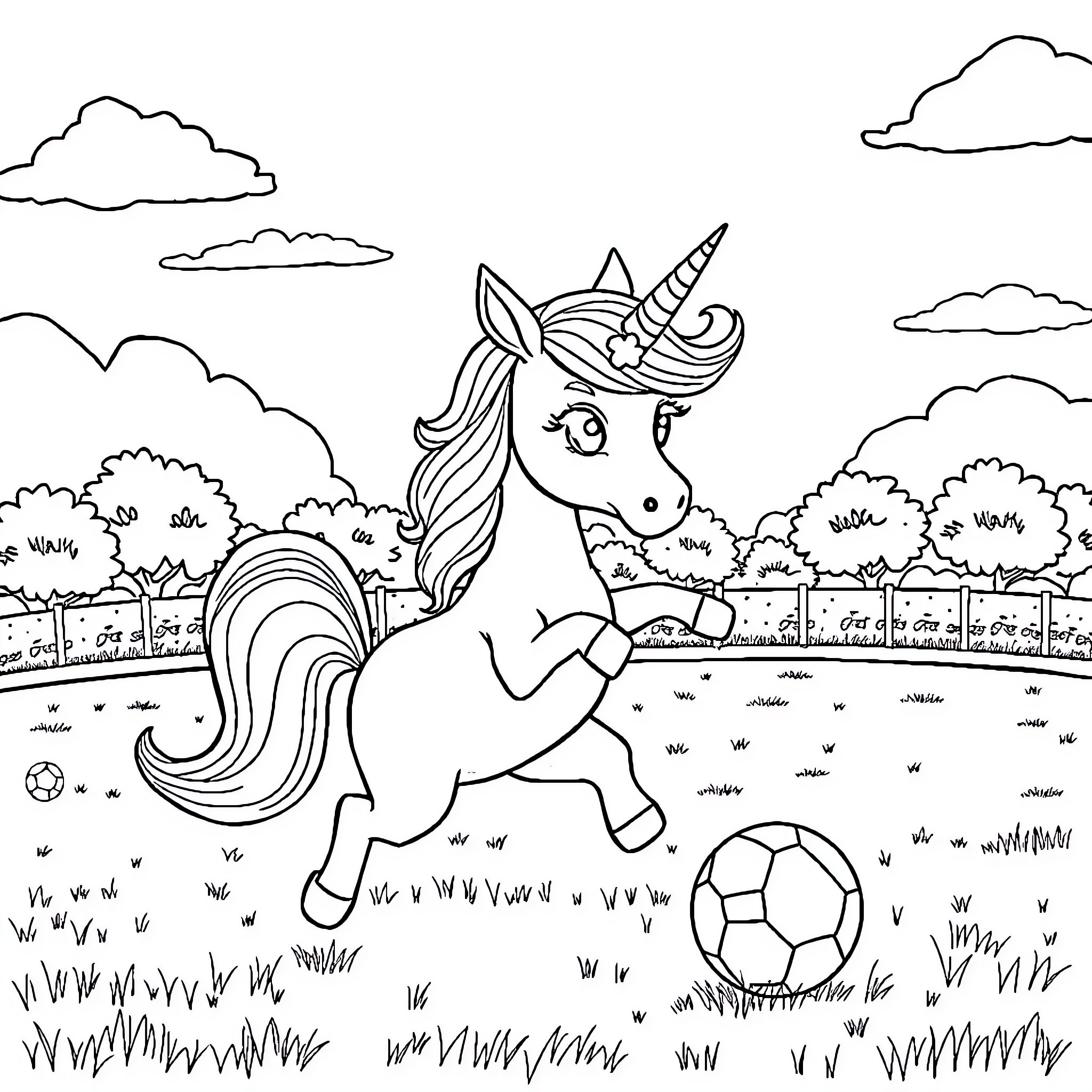 Unicorn playing with a soccer ball in a meadow Coloring Page (free black-and-white line drawing printable PDF for all, from beginners to advanced learners, including children, teens, adults, and seniors)