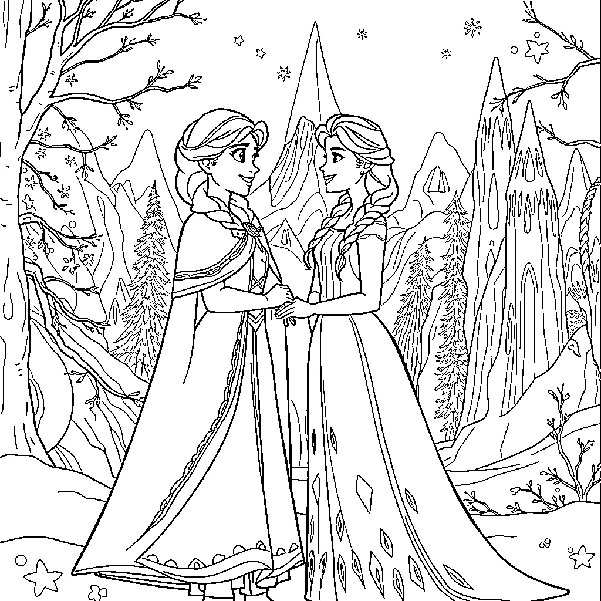 Elsa and Anna embracing in a winter wonderland Coloring Page (free black-and-white line drawing printable PDF for all, from beginners to advanced learners, including children, teens, adults, and seniors)