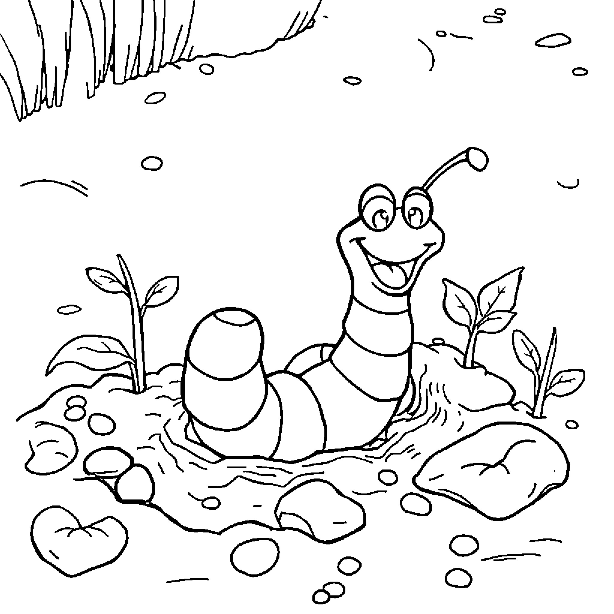 Worm enjoying the outdoors with plants and rocks Coloring Page (free black-and-white line drawing printable PDF for all, from beginners to advanced learners, including children, teens, adults, and seniors)