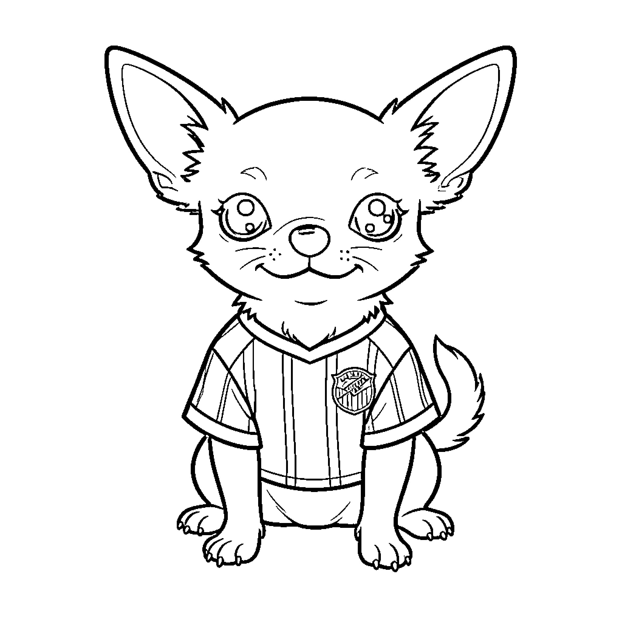 Chihuahua wearing a jersey in a happy pose Coloring Page (free black-and-white line drawing printable PDF for all, from beginners to advanced learners, including children, teens, adults, and seniors)