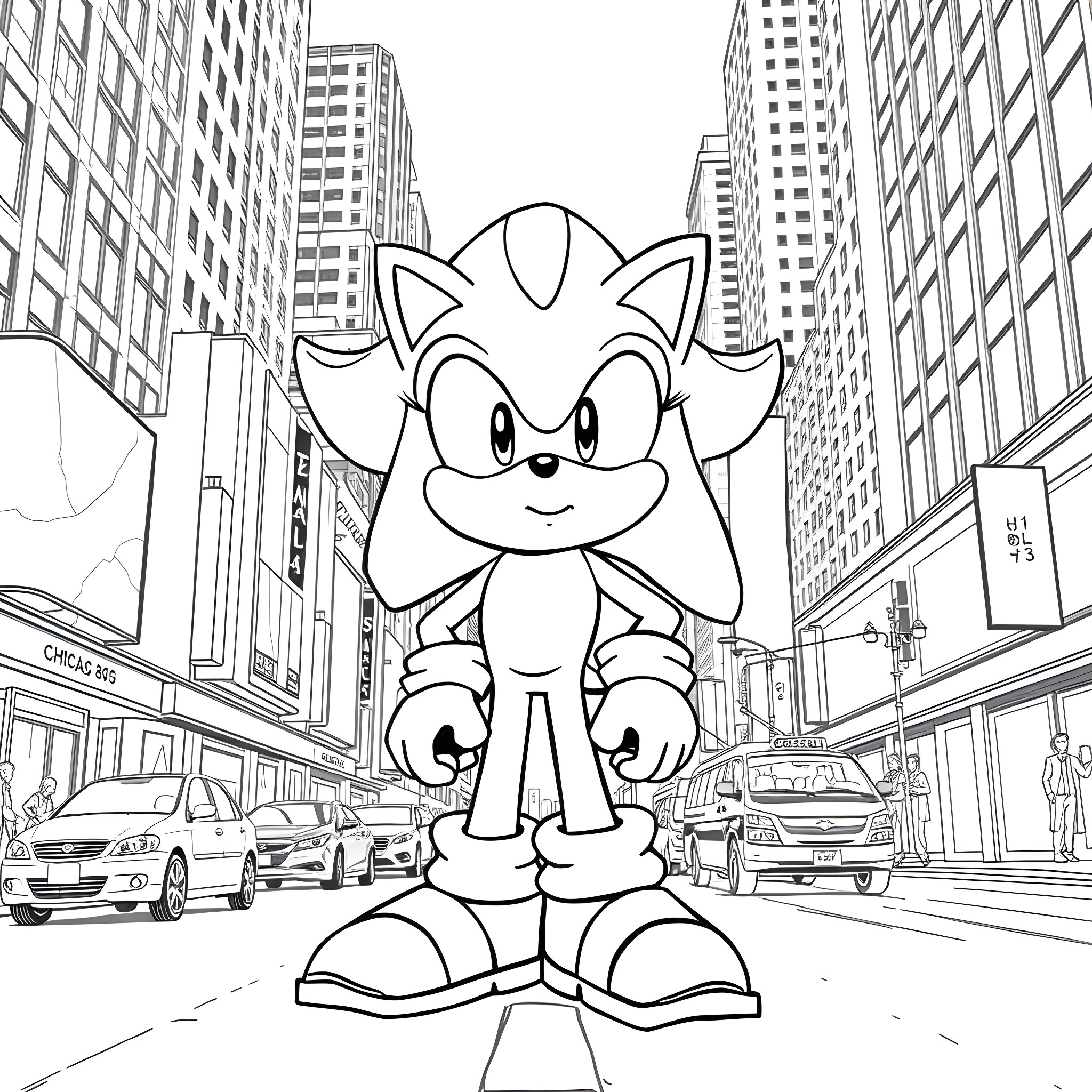 Shadow of Sonic the Hedgehog in the city Coloring Page (free black-and-white line drawing printable PDF for all, from beginners to advanced learners, including children, teens, adults, and seniors)