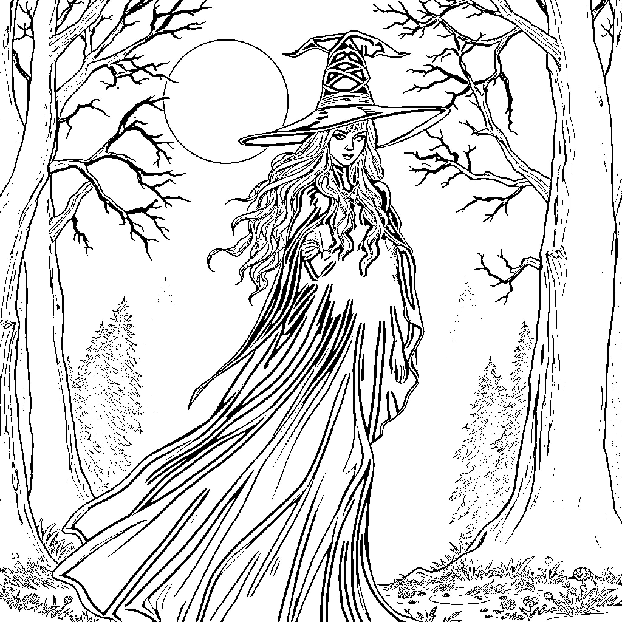 Stevie Nicks as a powerful witch in the moonlit forest Coloring Page (free black-and-white line drawing printable PDF for all, from beginners to advanced learners, including children, teens, adults, and seniors)