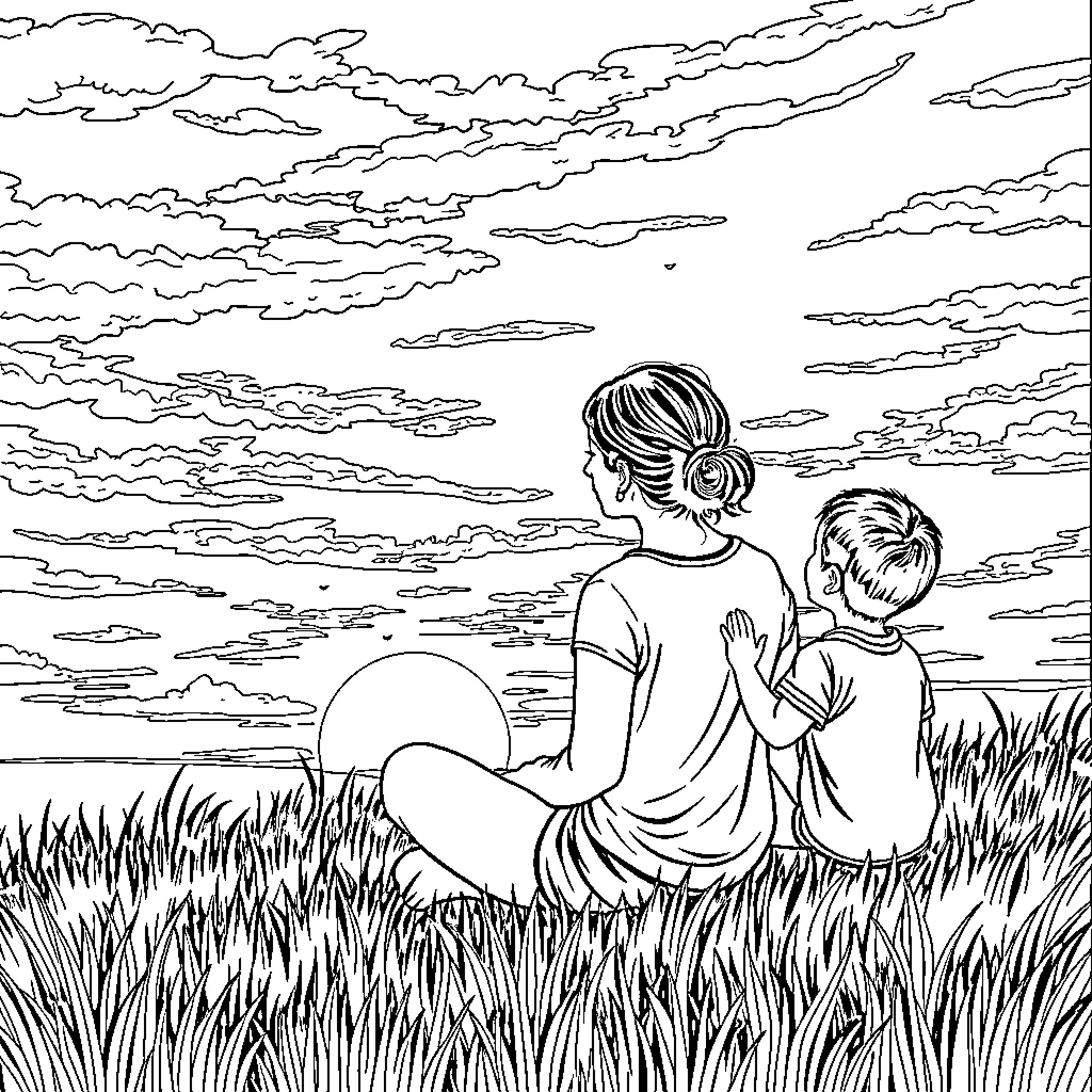 Mom comforting child in peaceful nature Coloring Page (free black-and-white line drawing printable PDF for all, from beginners to advanced learners, including children, teens, adults, and seniors)