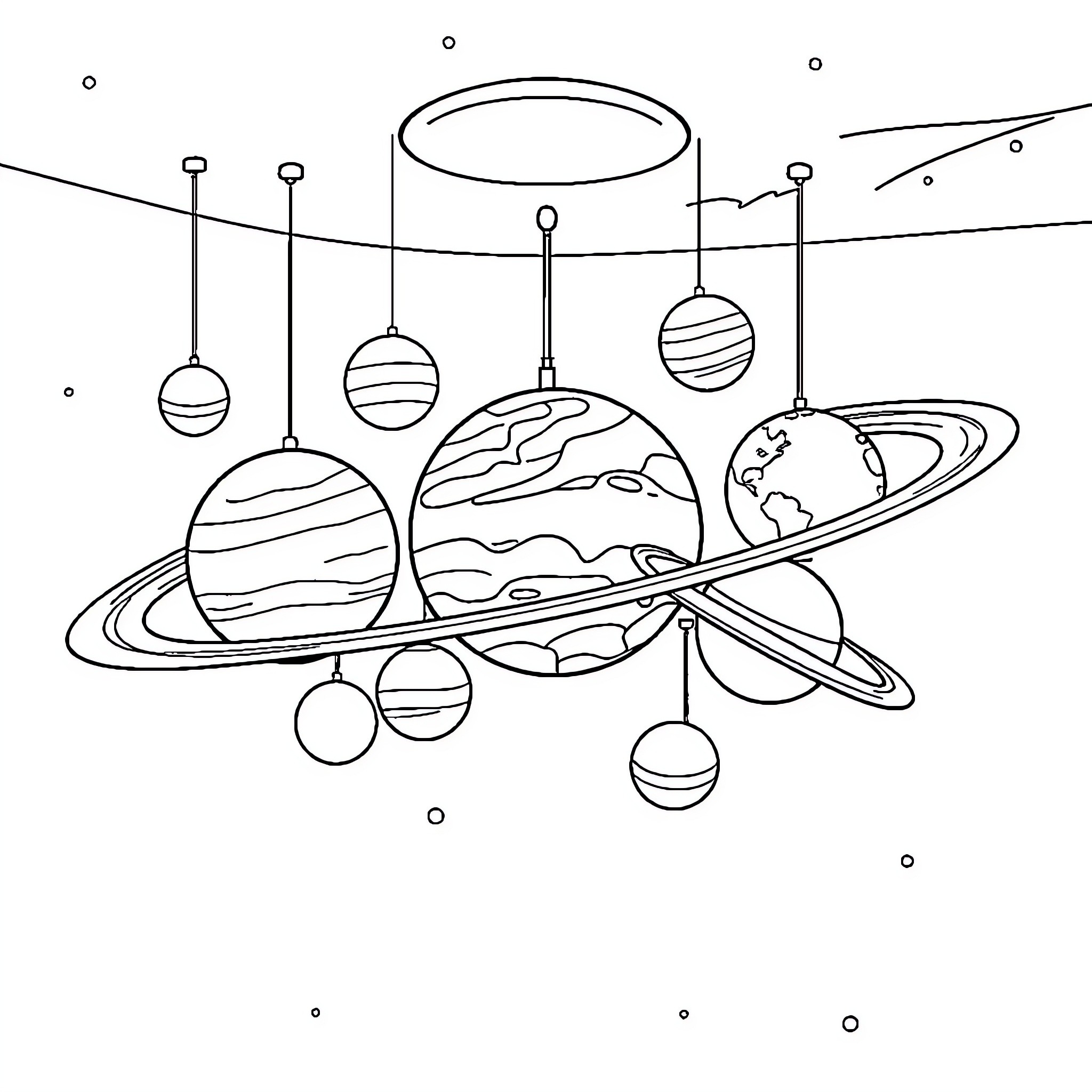 Solar System with Planets and Celestial Objects Coloring Page (free black-and-white line drawing printable PDF for all, from beginners to advanced learners, including children, teens, adults, and seniors)