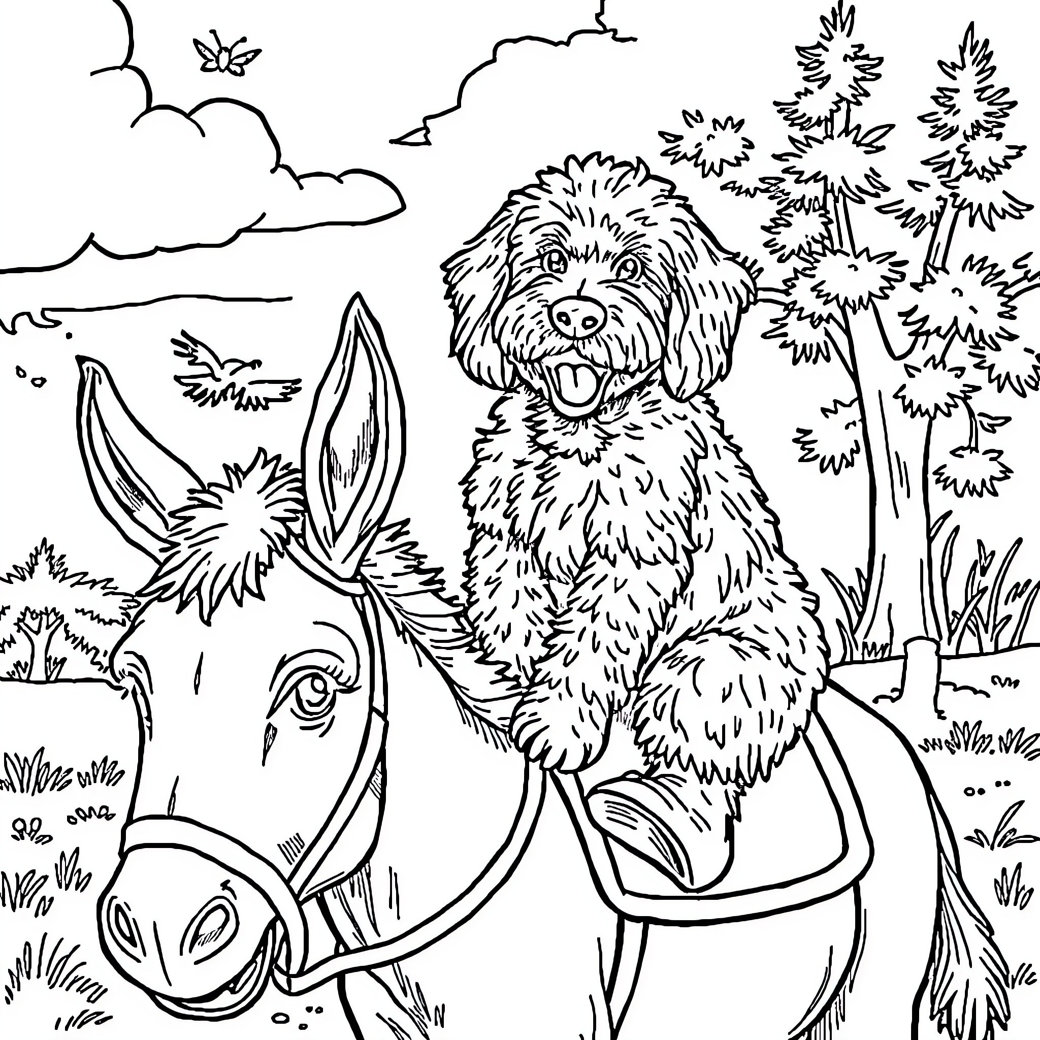 Goldendoodle riding a donkey in the outdoors Coloring Page (free black-and-white line drawing printable PDF for all, from beginners to advanced learners, including children, teens, adults, and seniors)