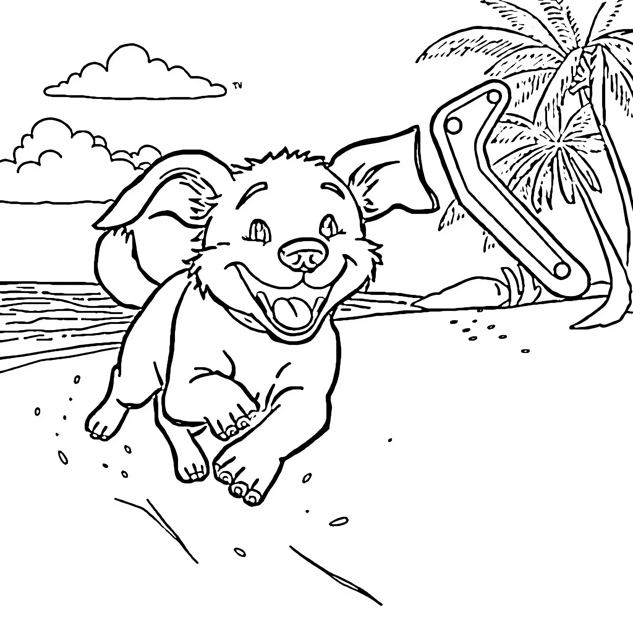 Dog playing joyfully on the beach Coloring Page (free black-and-white line drawing printable PDF for all, from beginners to advanced learners, including children, teens, adults, and seniors)