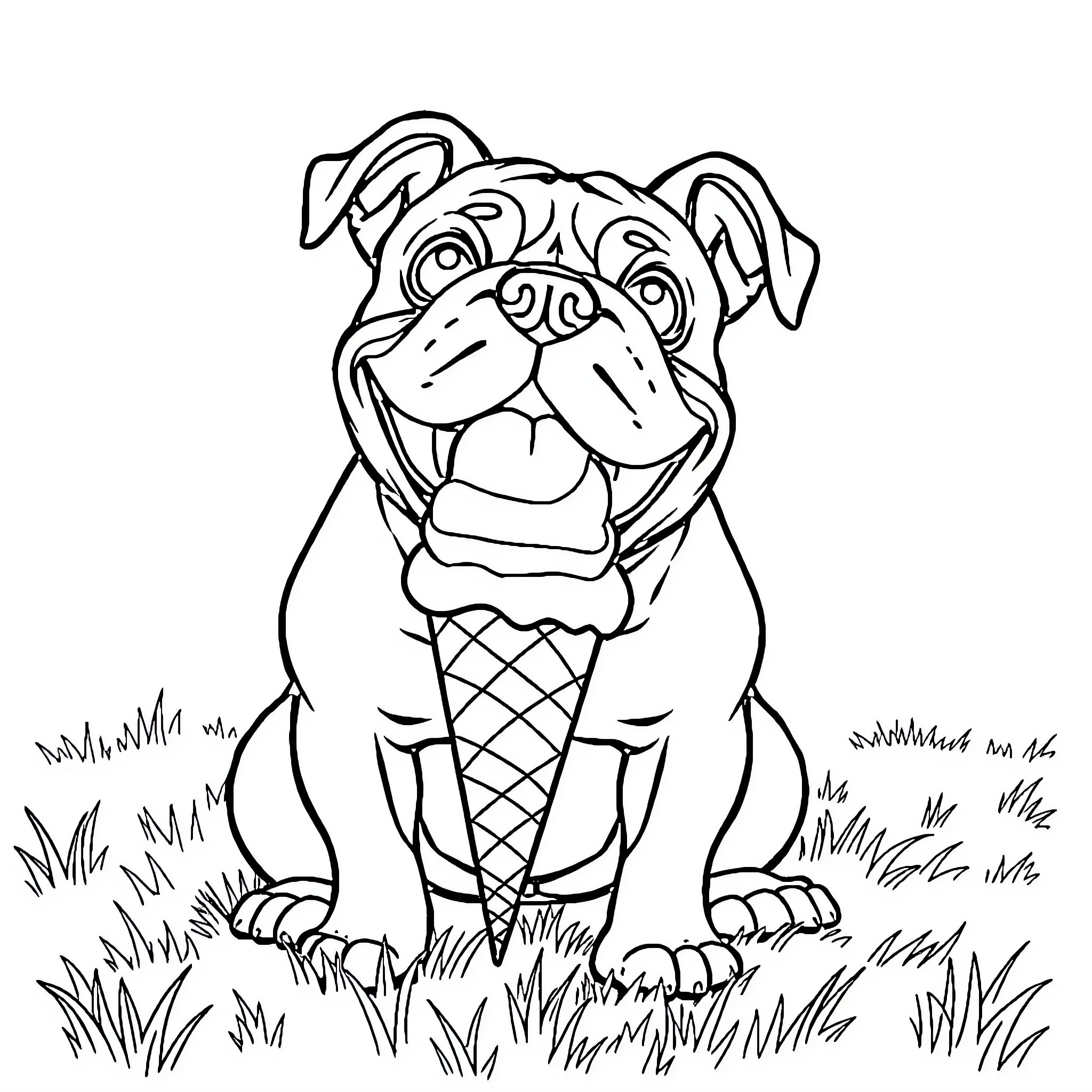 Bulldog enjoying an ice cream treat Coloring Page (free black-and-white line drawing printable PDF for all, from beginners to advanced learners, including children, teens, adults, and seniors)