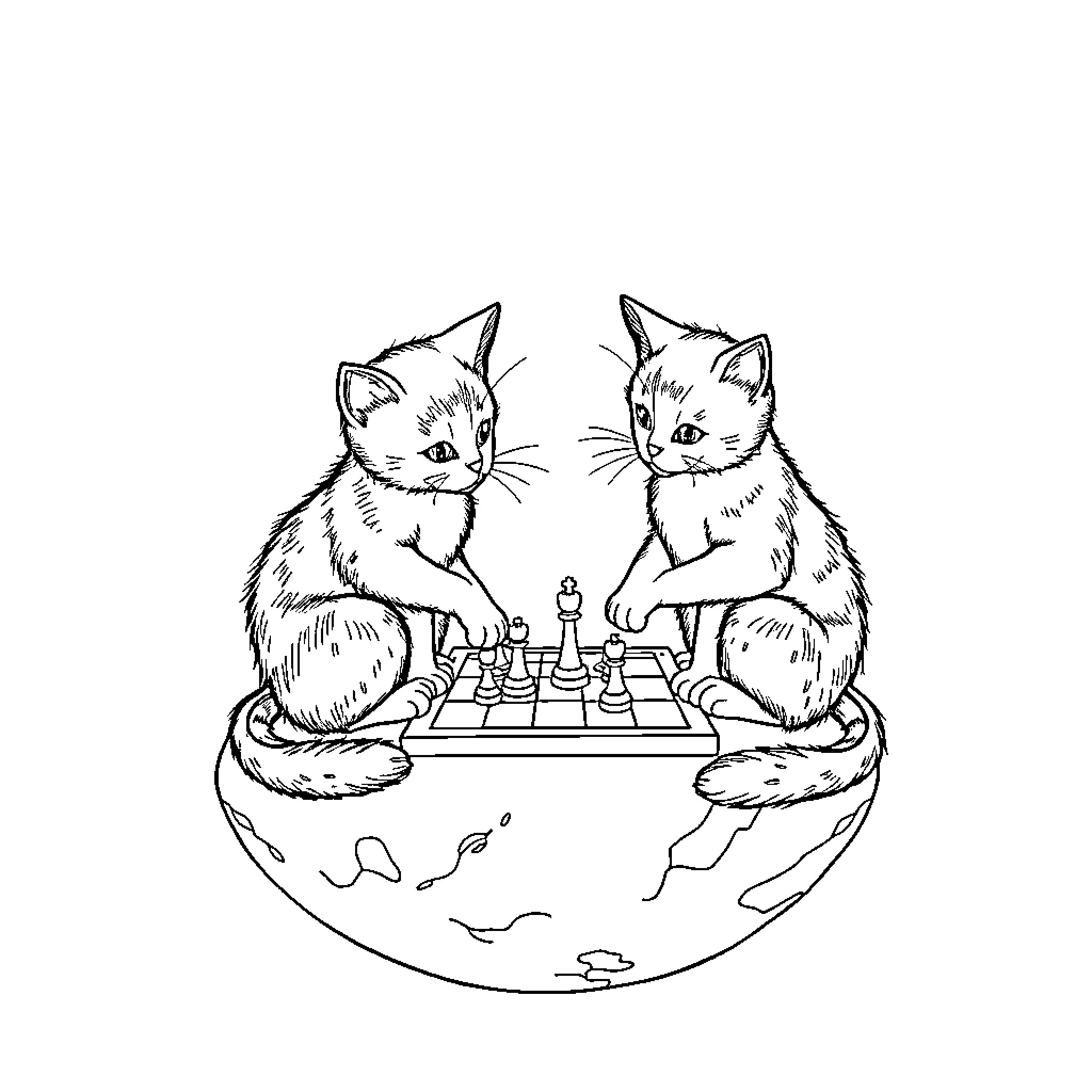 Cat Companions Playing Chess on the World Coloring Page (free black-and-white line drawing printable PDF for all, from beginners to advanced learners, including children, teens, adults, and seniors)