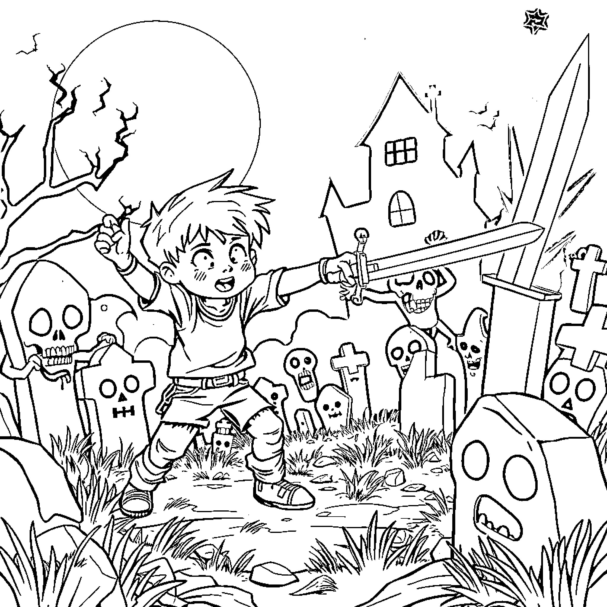 Boy Battling Spooky Monsters in Haunting Graveyard Coloring Page (free black-and-white line drawing printable PDF for all, from beginners to advanced learners, including children, teens, adults, and seniors)