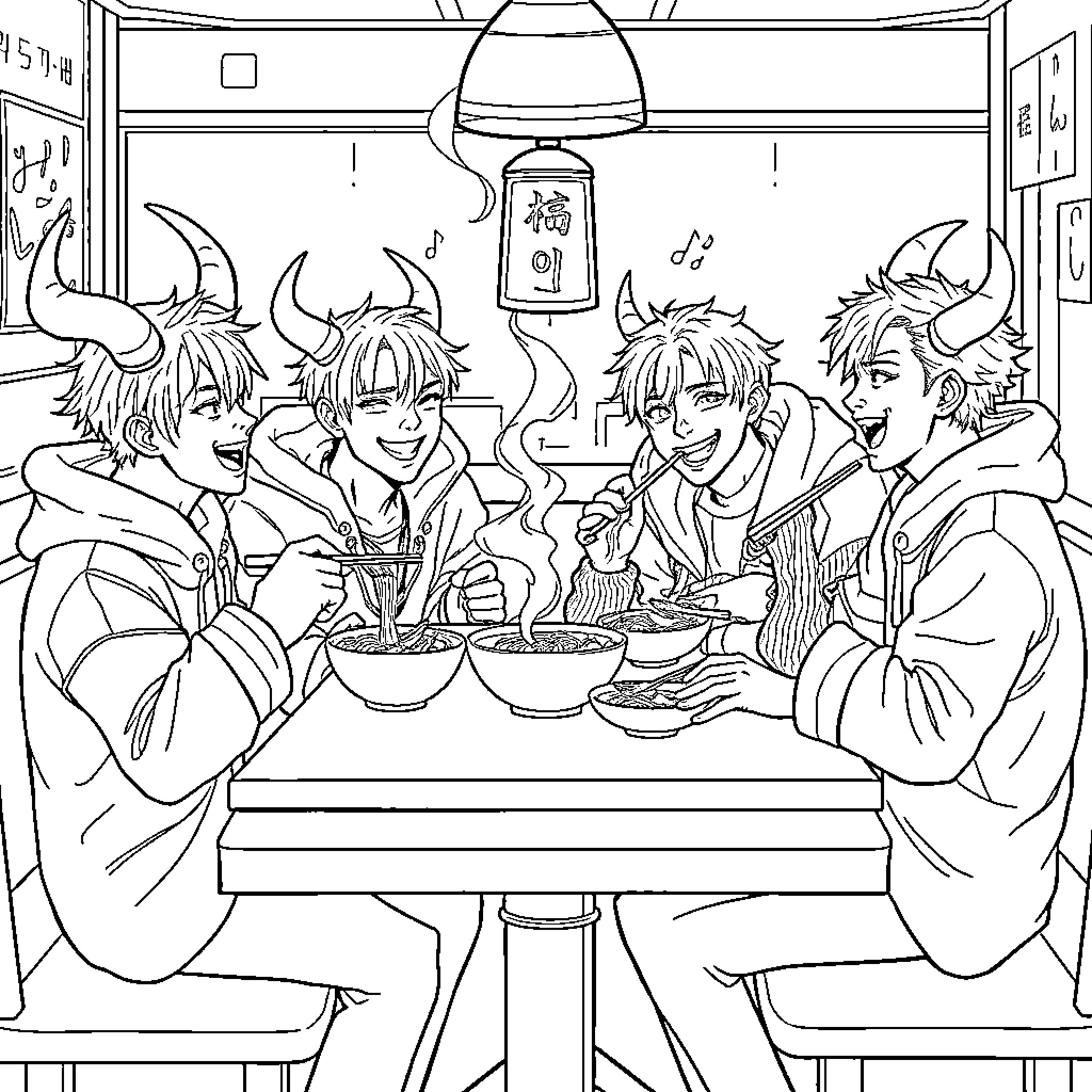 Demon Hunters Sharing a Meal at an Izakaya Coloring Page (free black-and-white line drawing printable PDF for all, from beginners to advanced learners, including children, teens, adults, and seniors)