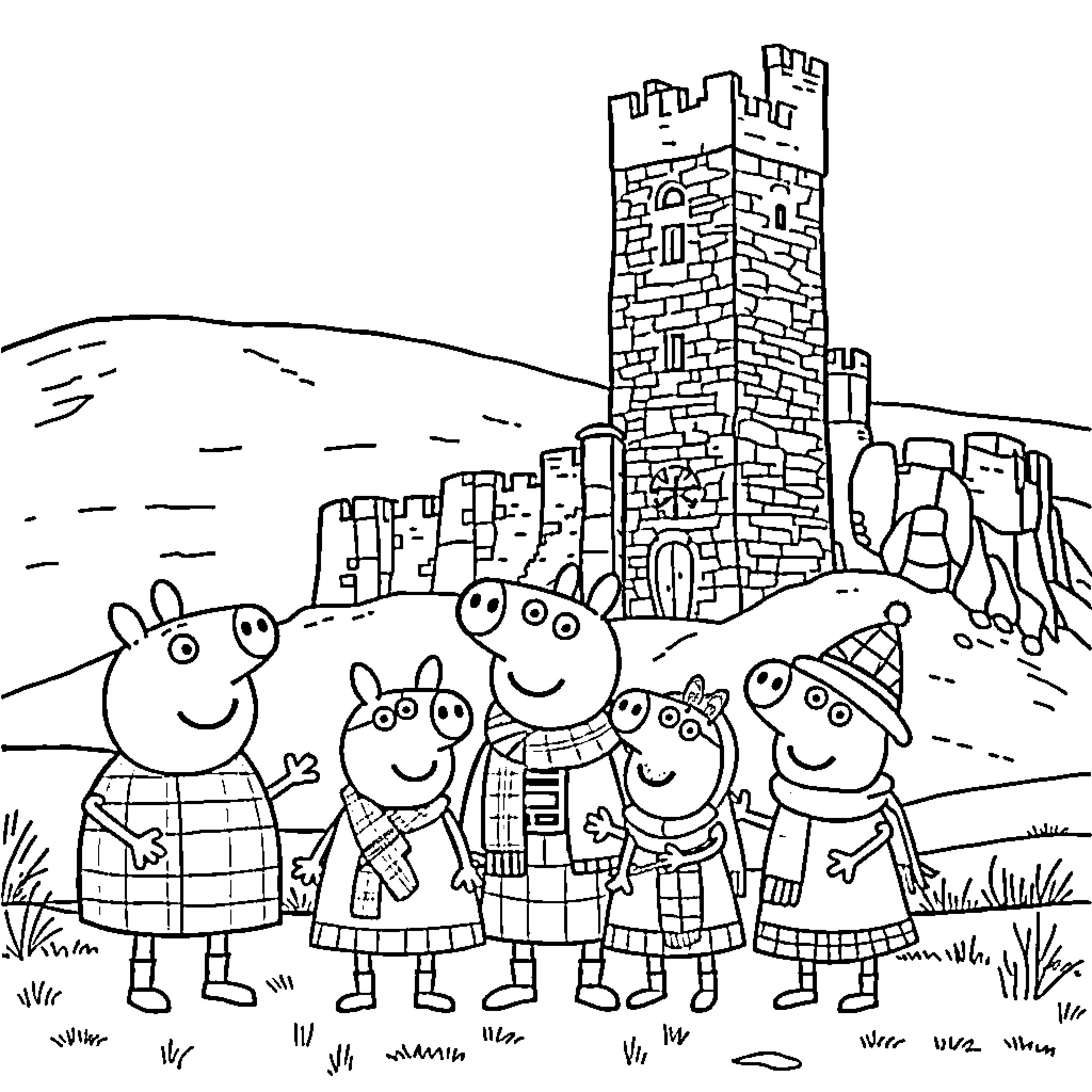 Peppa Pig and family exploring a castle Coloring Page (free black-and-white line drawing printable PDF for all, from beginners to advanced learners, including children, teens, adults, and seniors)