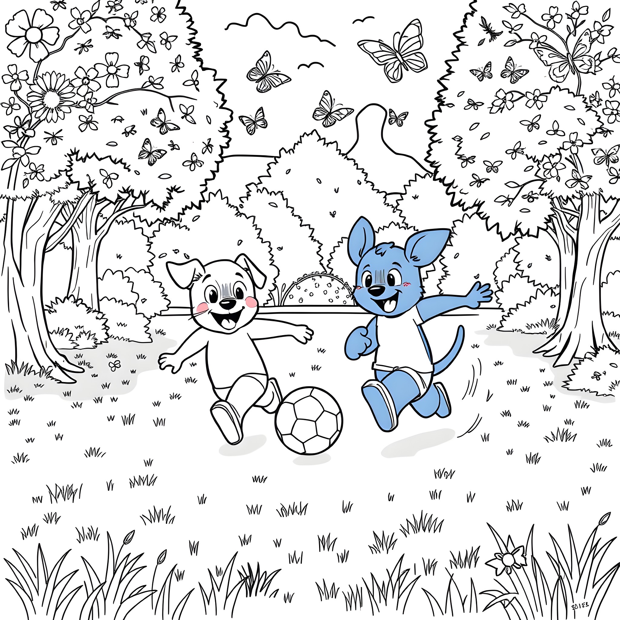 Bluey and Bingo Playing with Soccer Ball in the Park Coloring Page (free black-and-white line drawing printable PDF for all, from beginners to advanced learners, including children, teens, adults, and seniors)